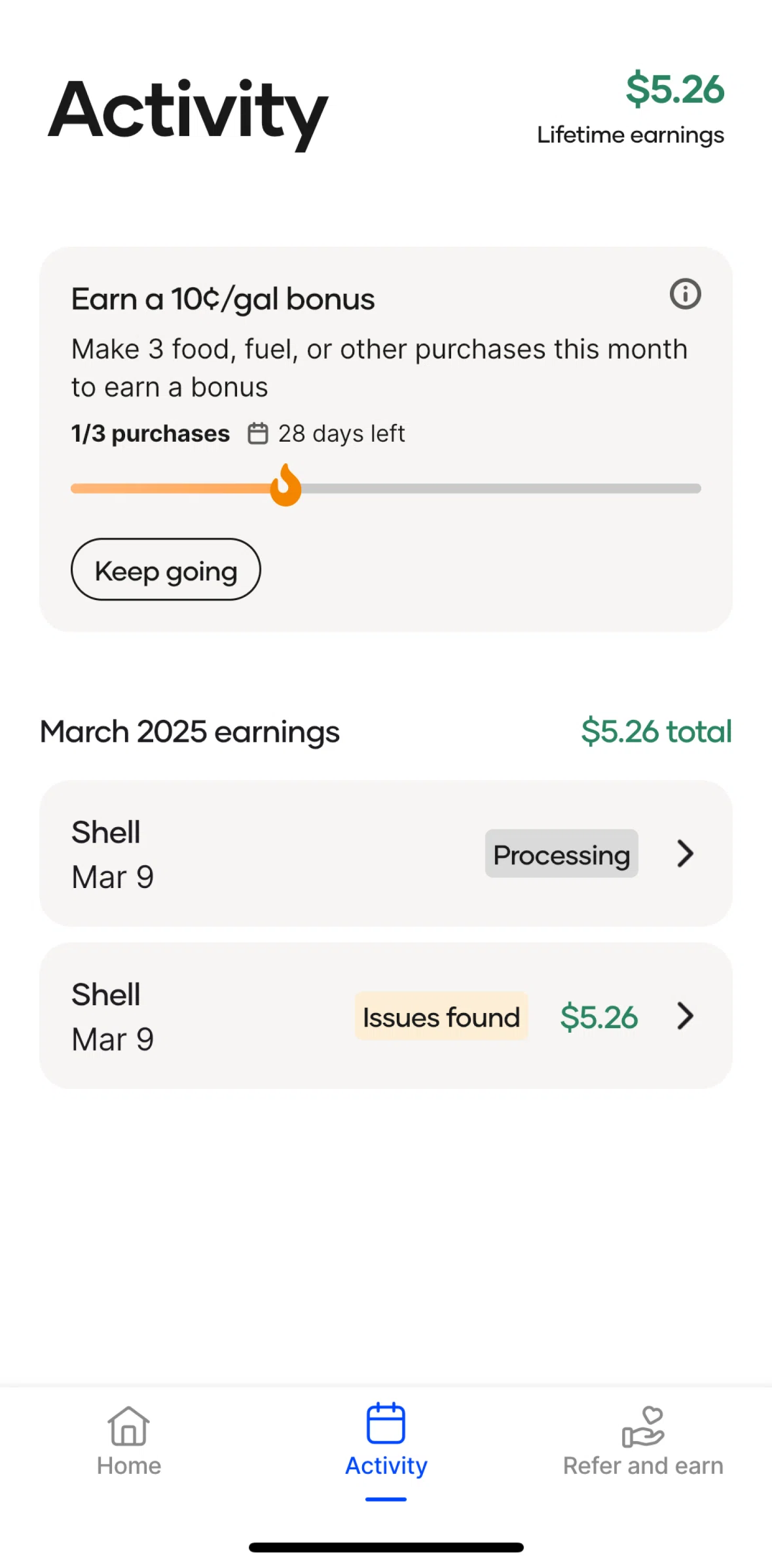 Upside Screen screen in the Cash back details flow