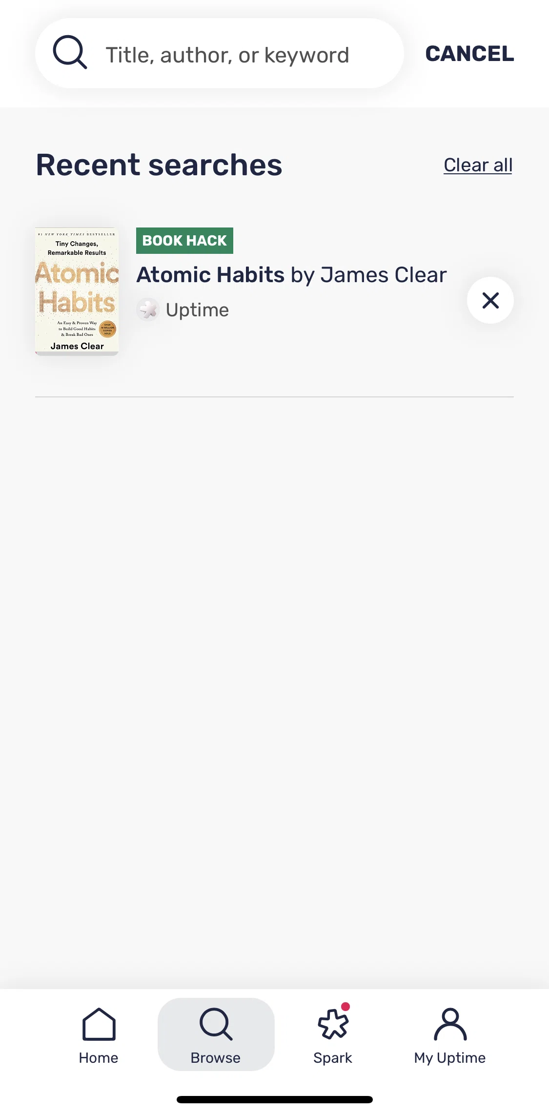 Uptime Screen screen in the Clearing all search history flow