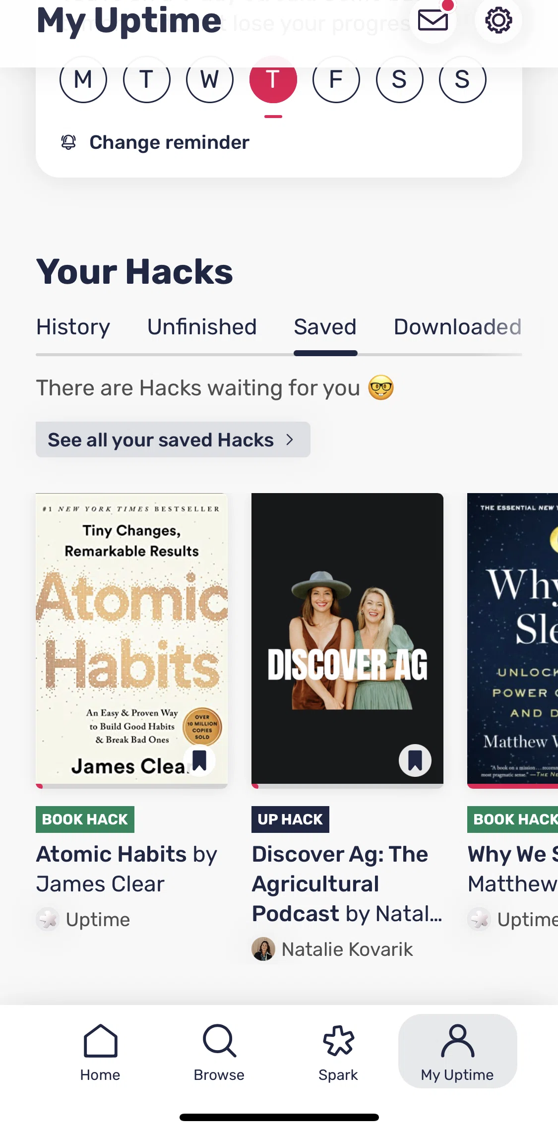 Uptime Screen screen in the View saved and downloaded Hacks flow