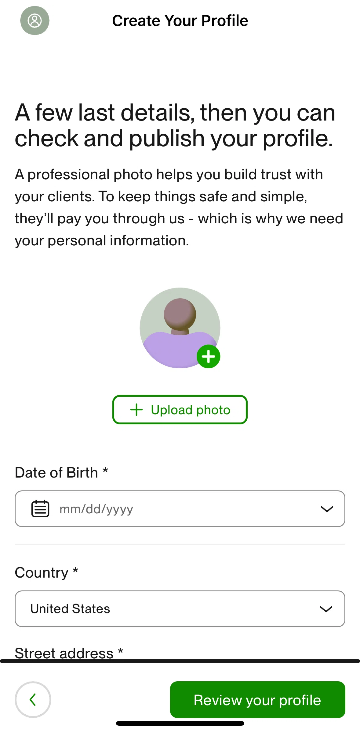 Upwork Screen screen in the Adding a birth date flow