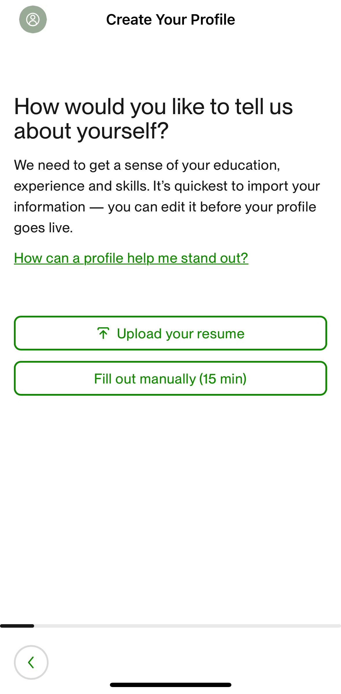 Upwork Screen screen in the Adding resume flow