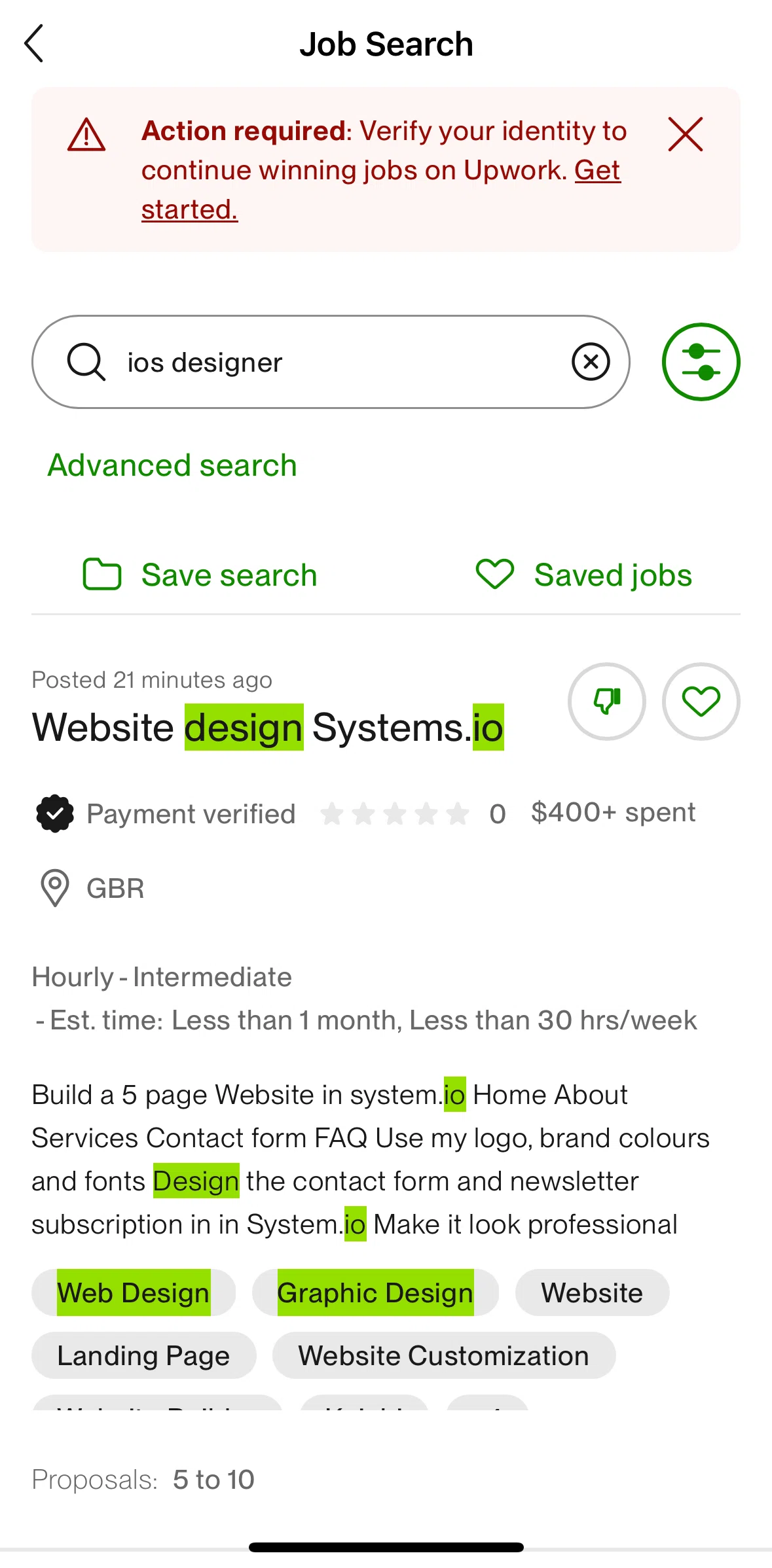 Upwork Screen screen in the Advanced search flow