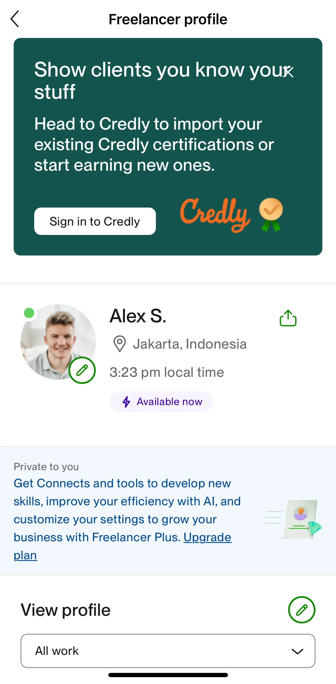 Upwork Screen screen in the Changing profile picture flow