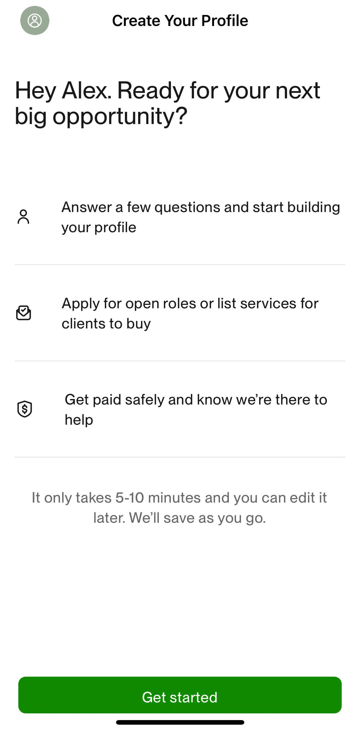 Upwork Screen screen in the Creating a profile flow