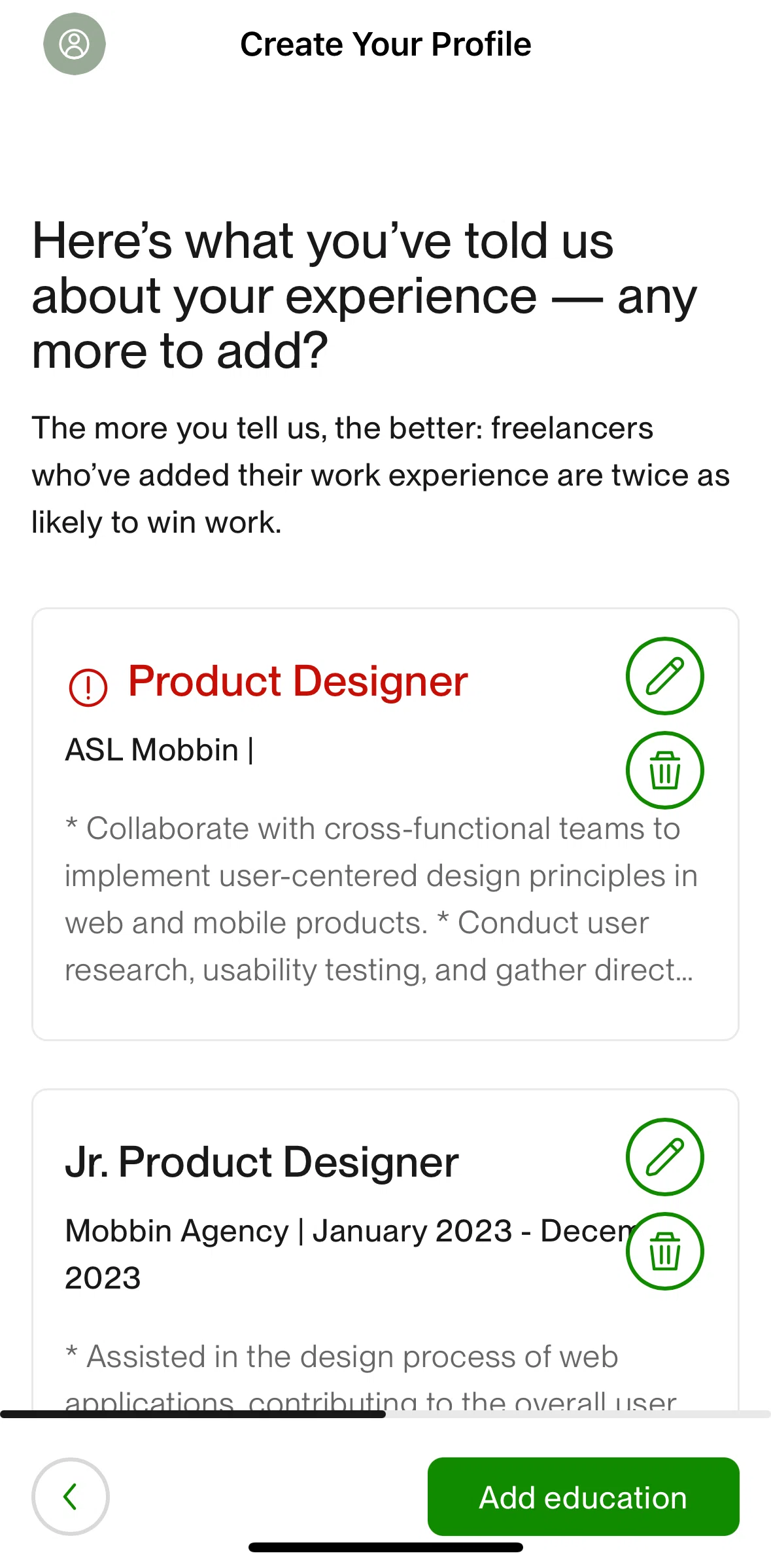 Upwork Screen screen in the Editing work experience flow