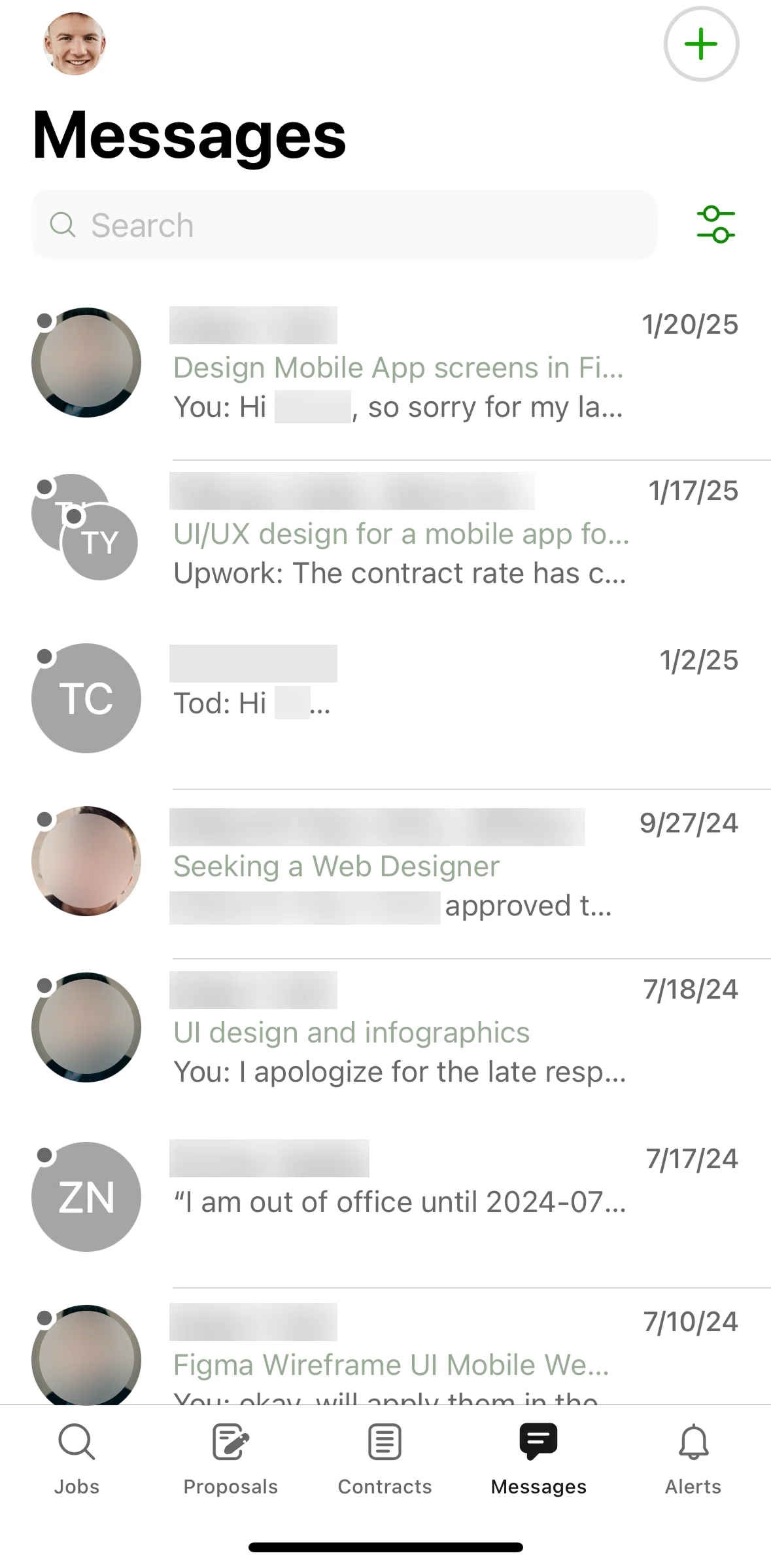Upwork Screen screen in the Filtering messages flow