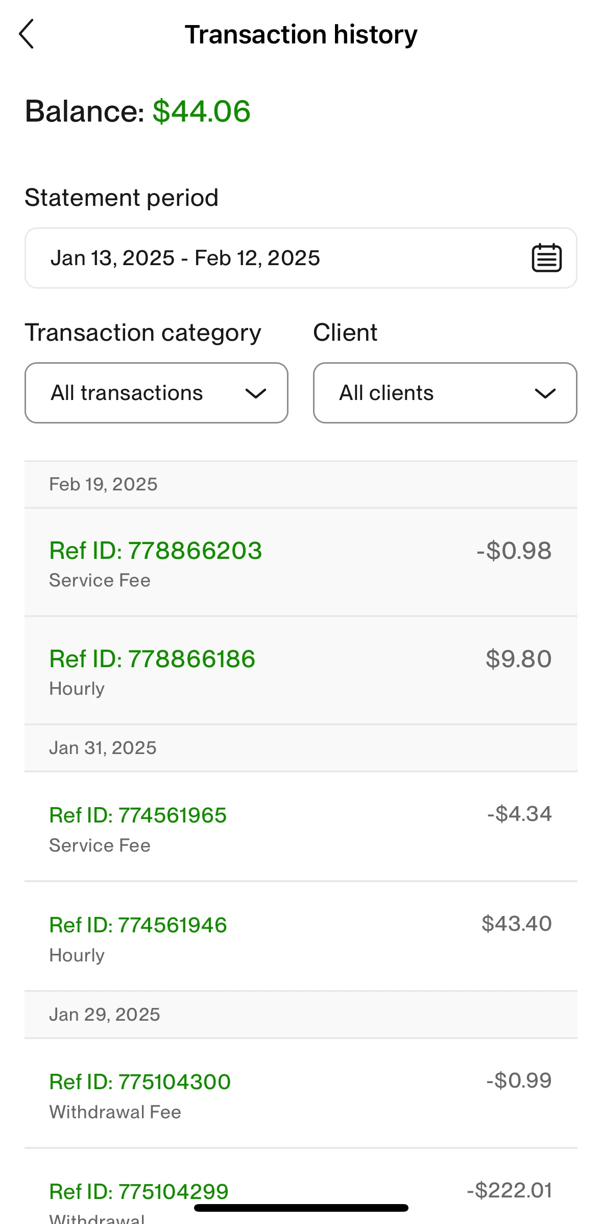 Upwork Screen screen in the Filtering transaction date flow