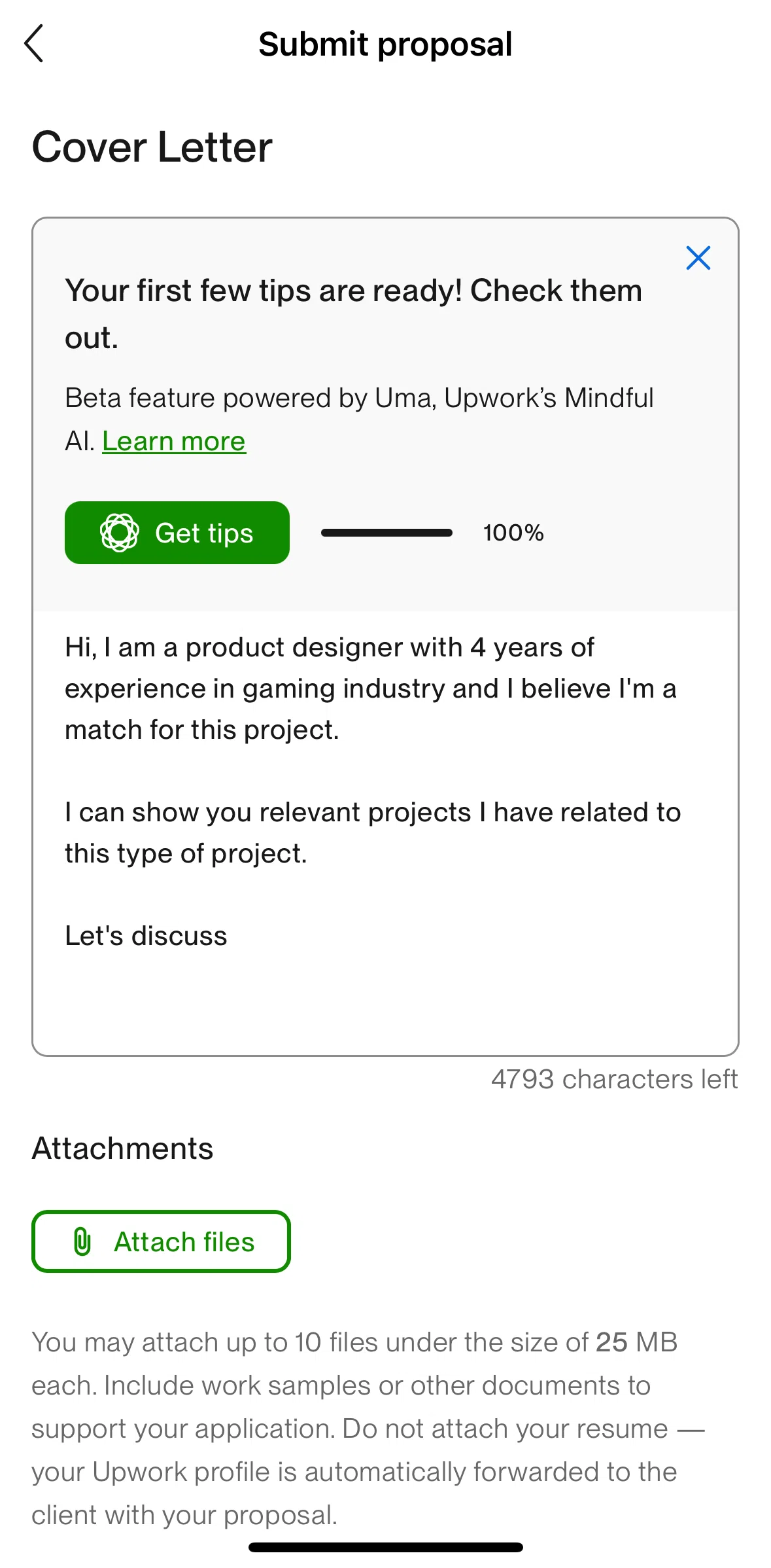 Upwork Screen screen in the Getting tips for cover letter flow