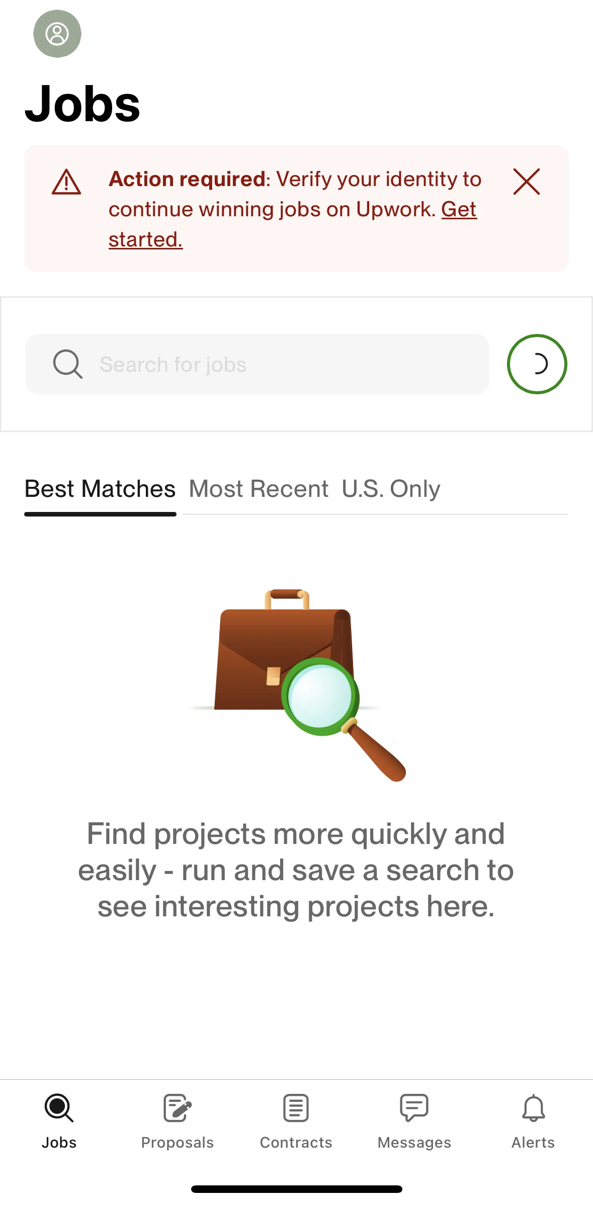 Upwork Screen screen in the Jobs flow