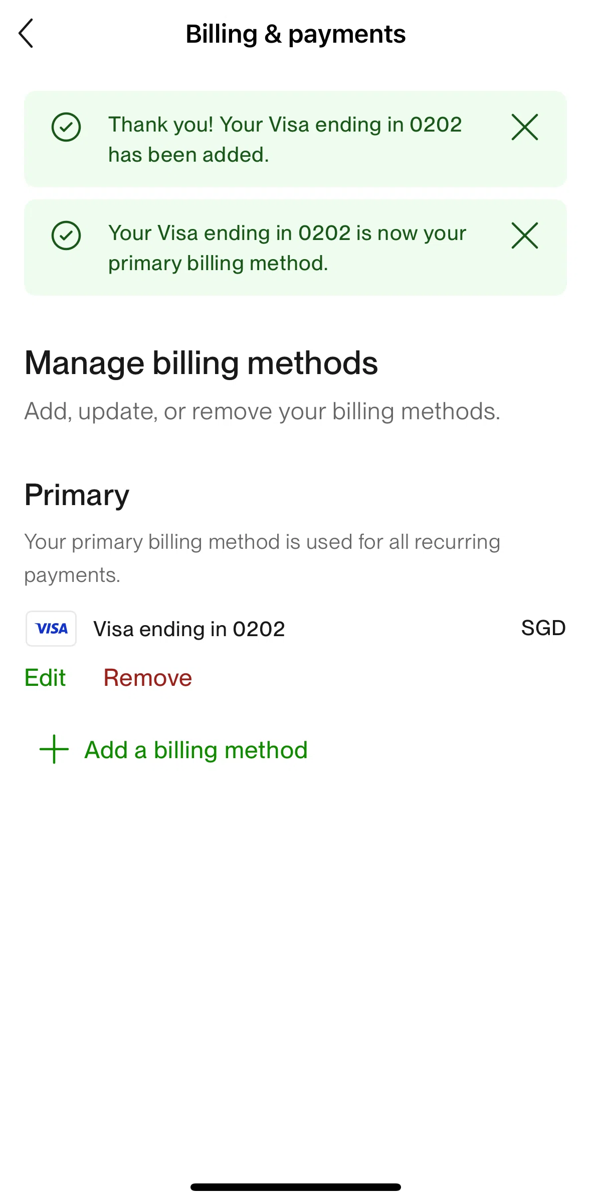 Upwork Screen screen in the Removing a billing method flow