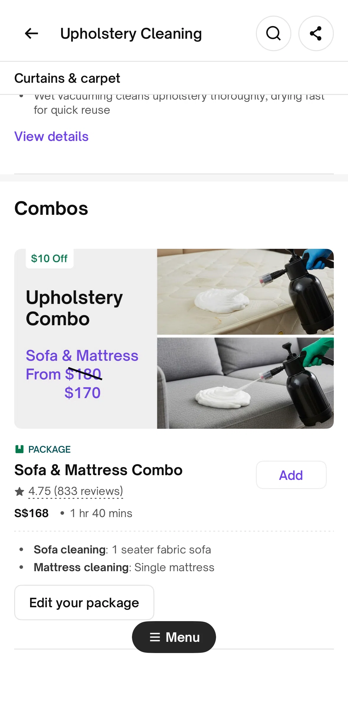 Urban Company Screen screen in the Adding a service to cart (upholstery cleaning) flow