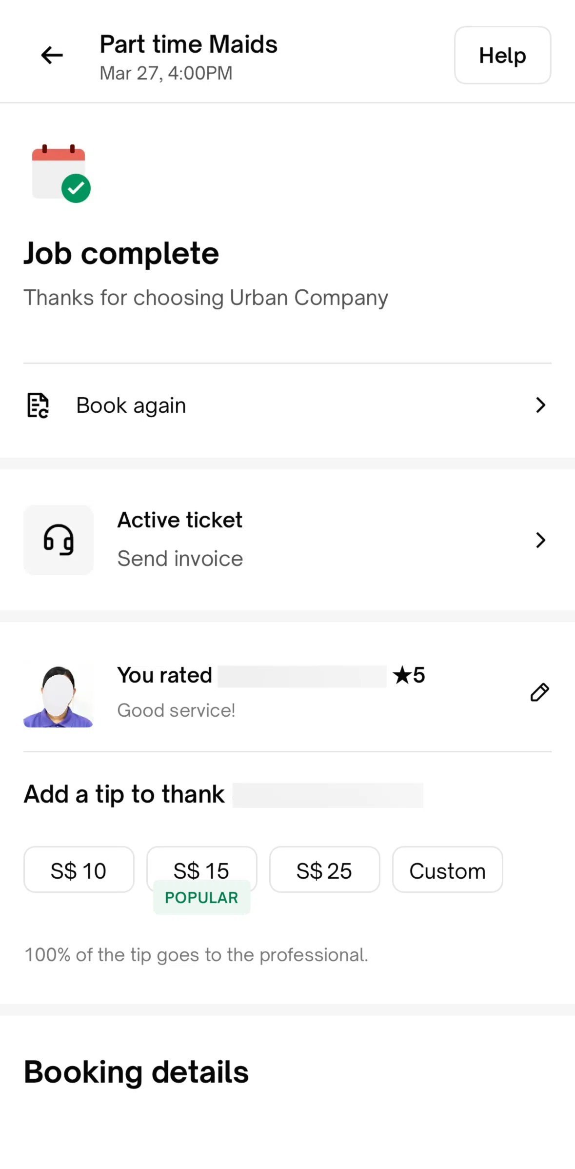 Urban Company Screen screen in the Book a service again flow