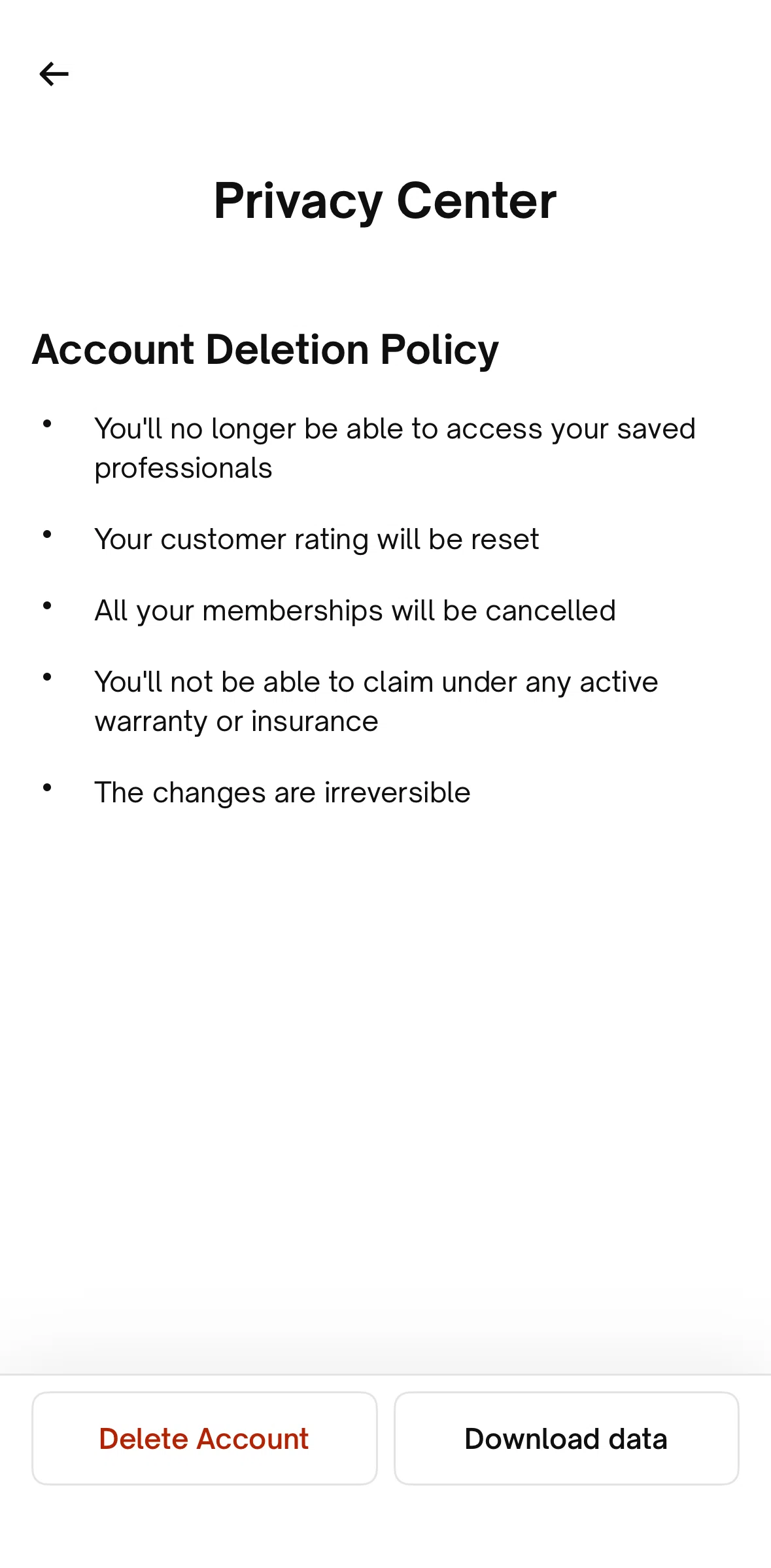 Urban Company Screen screen in the Deleting account flow