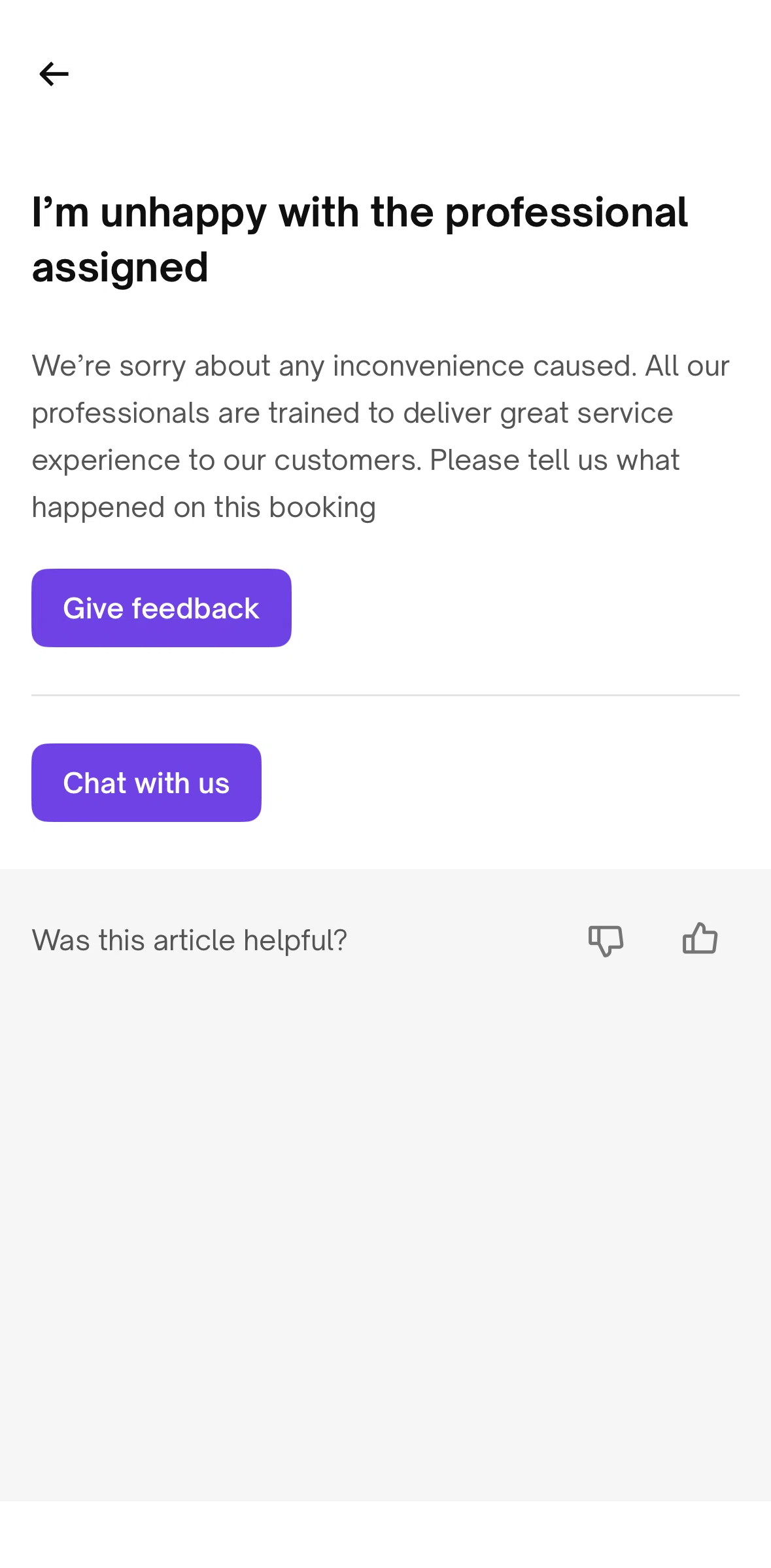 Urban Company Screen screen in the Giving feedback (article) flow