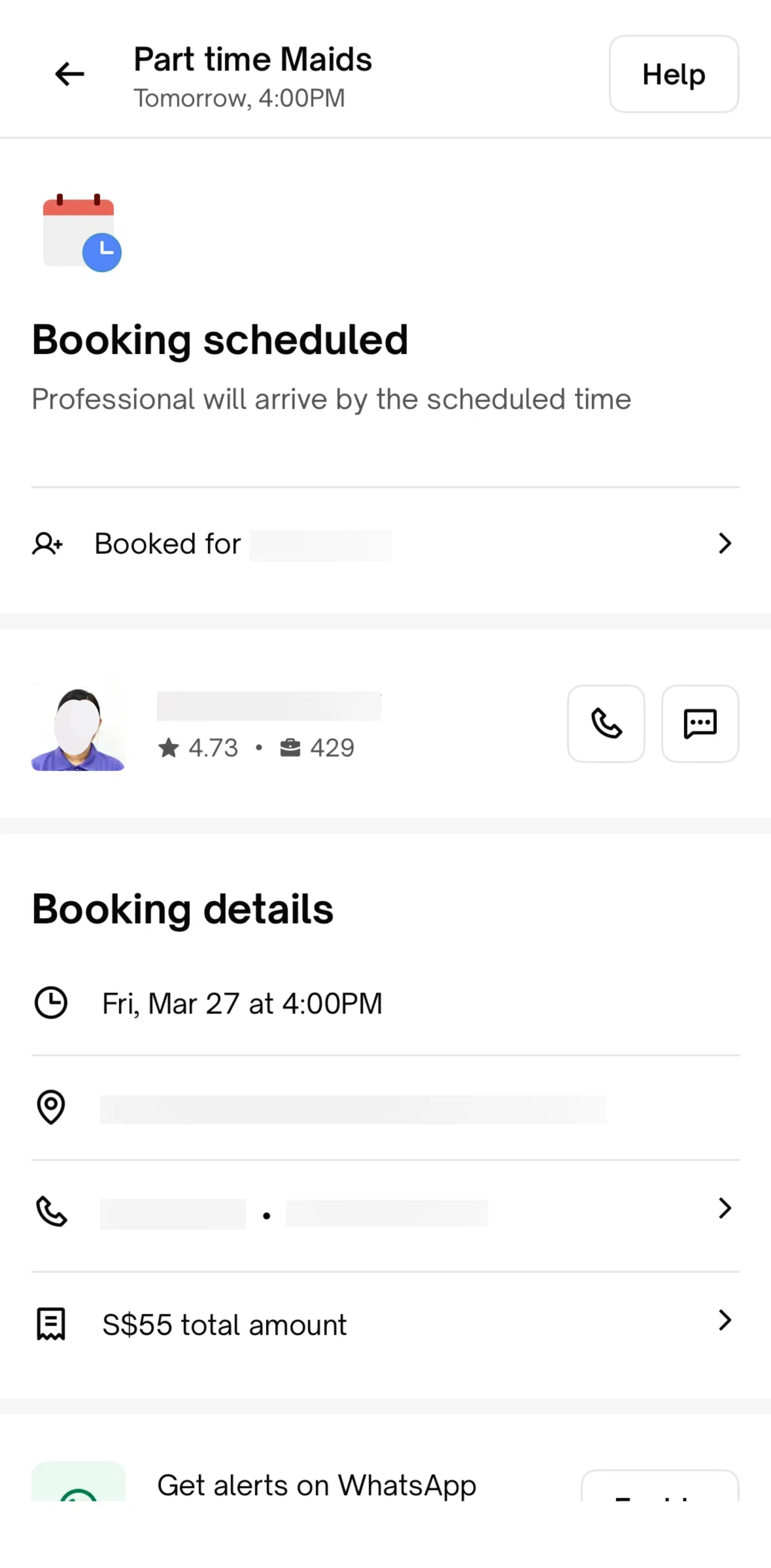 Urban Company Screen screen in the Help (booking) flow