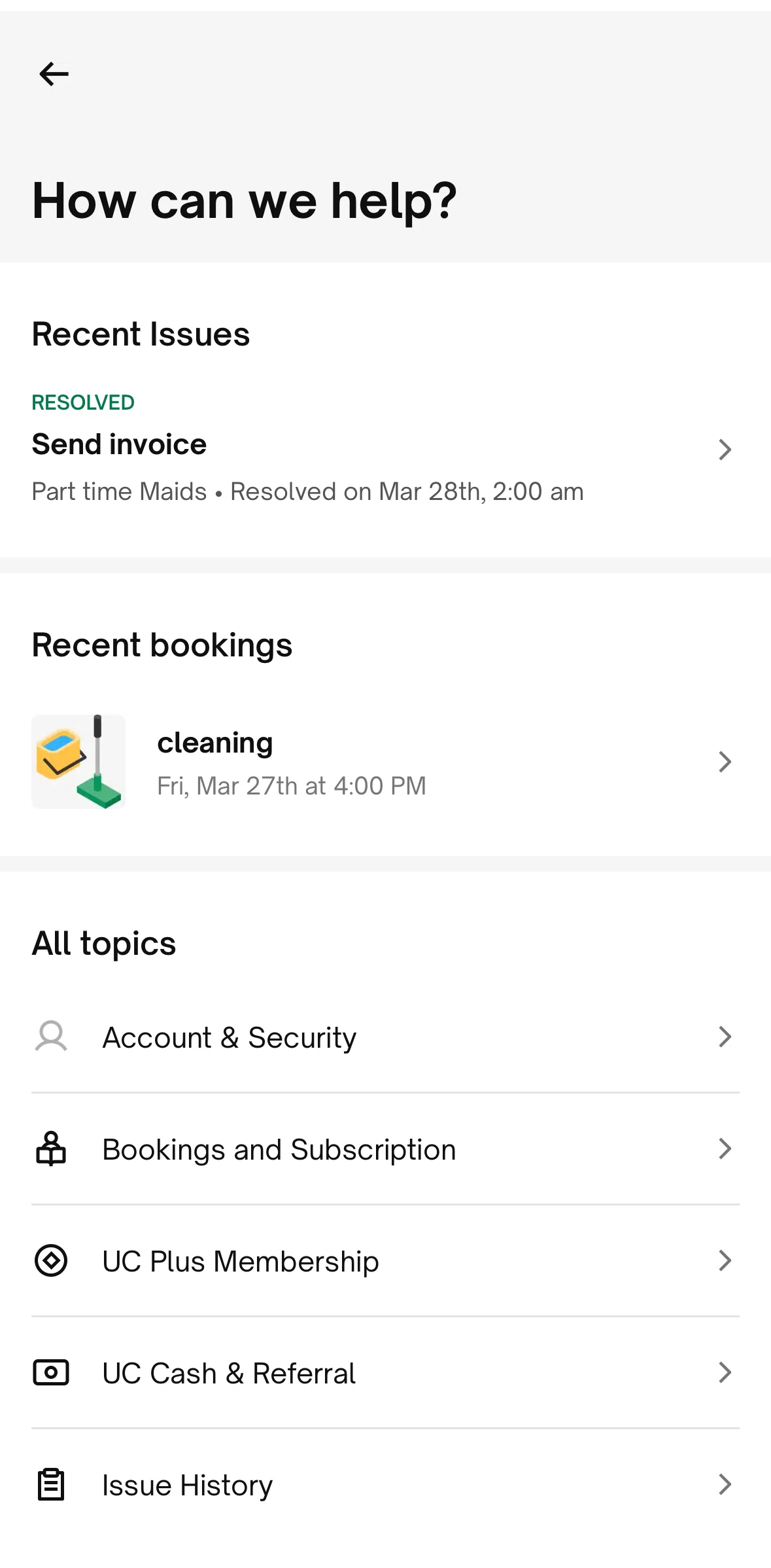Urban Company Screen screen in the Recent booking flow
