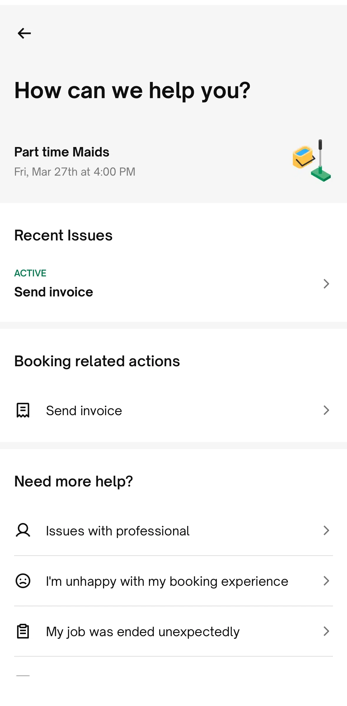Urban Company Screen screen in the Sending an invoice flow