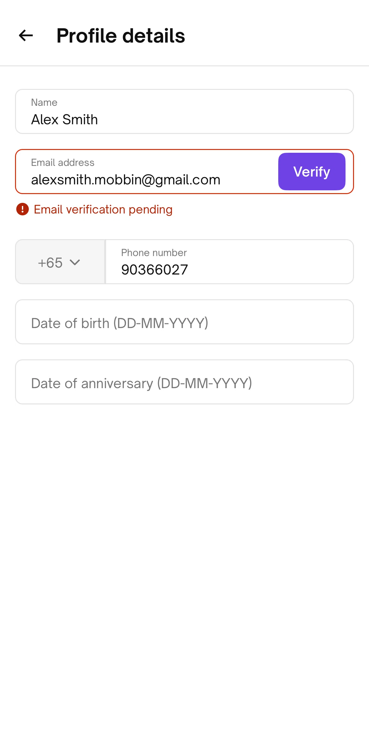 Urban Company Screen screen in the Verifying email address flow