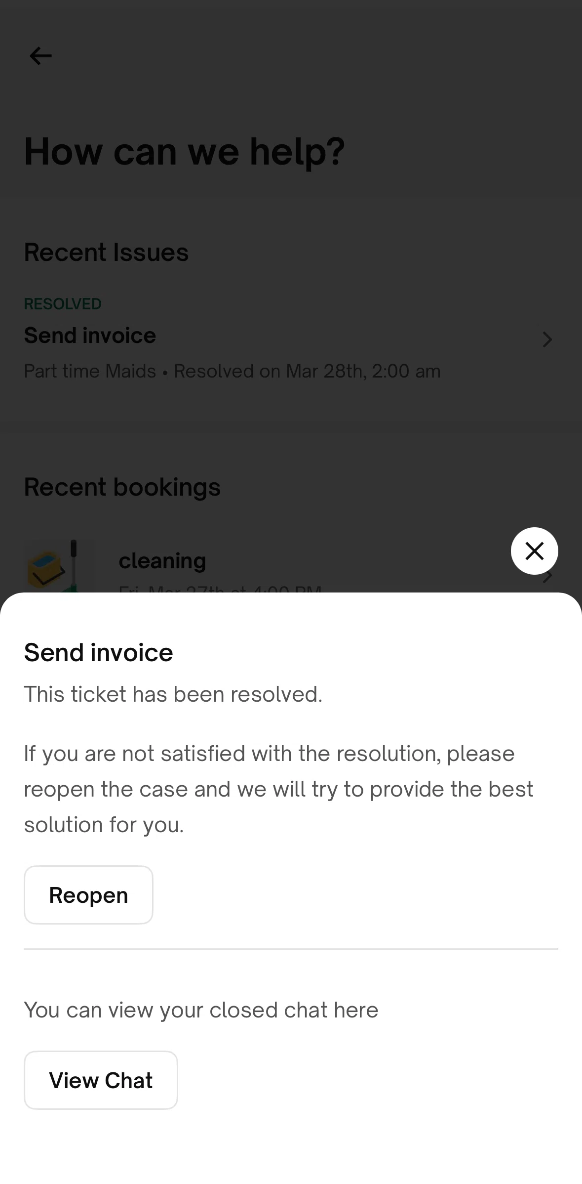 Urban Company Screen screen in the View chat flow