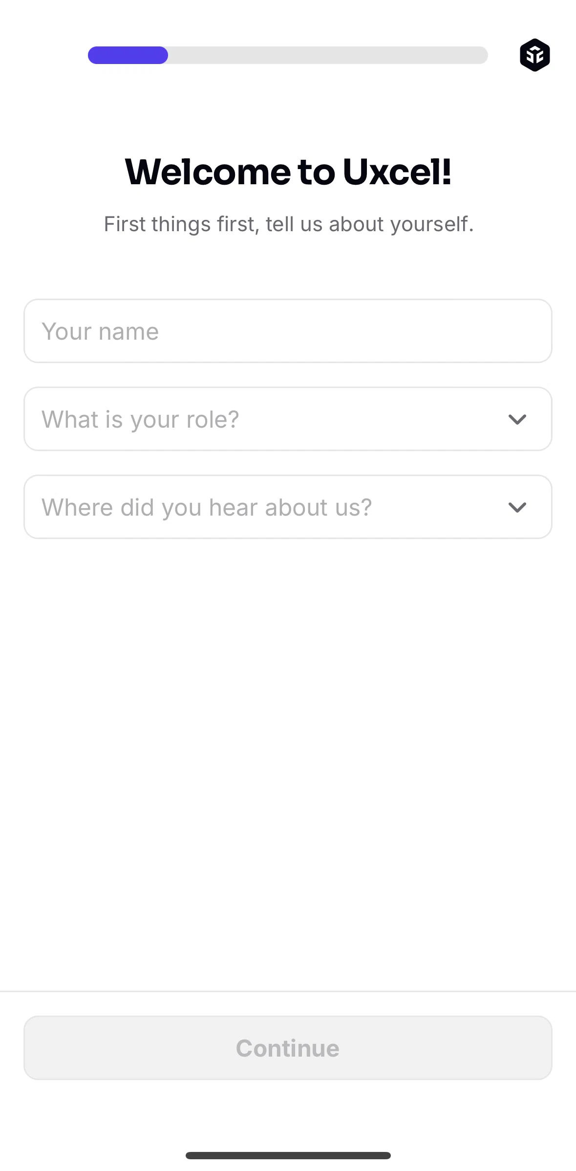 Uxcel Go Screen screen in the Completing profile flow