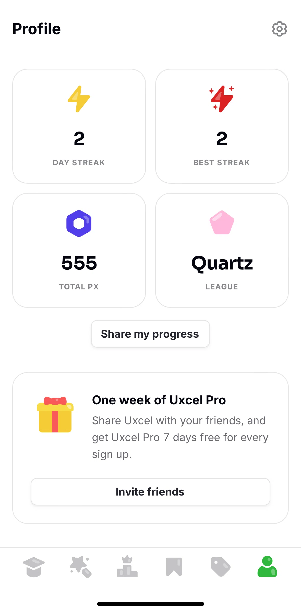 Uxcel Go Screen screen in the Share progress flow
