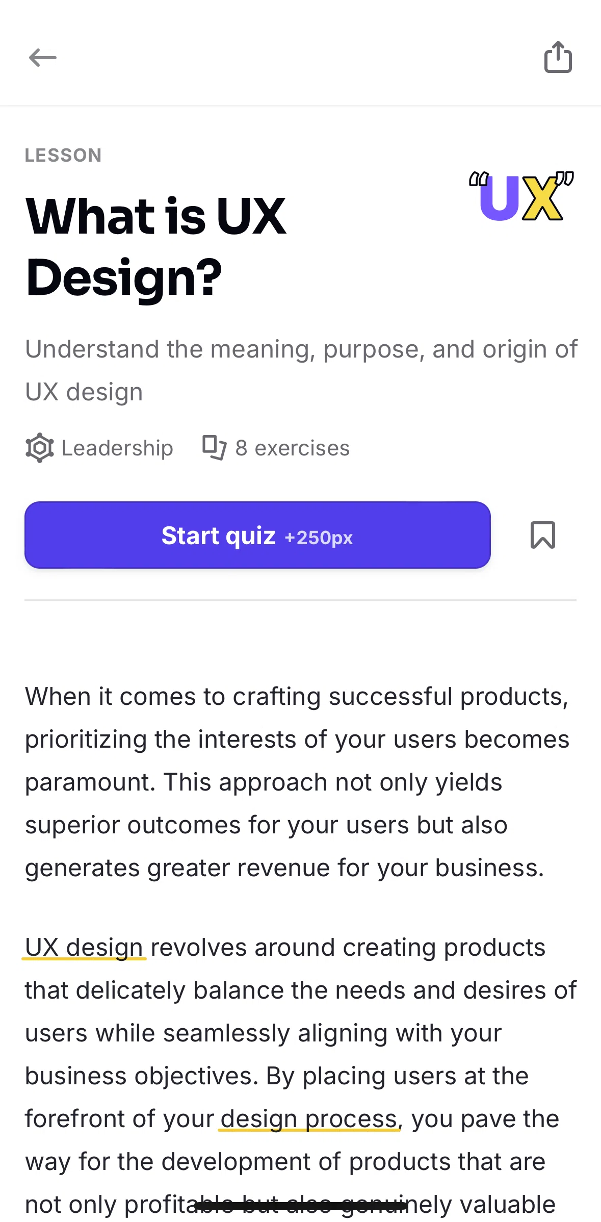 Uxcel Go Screen screen in the Starting a quiz flow