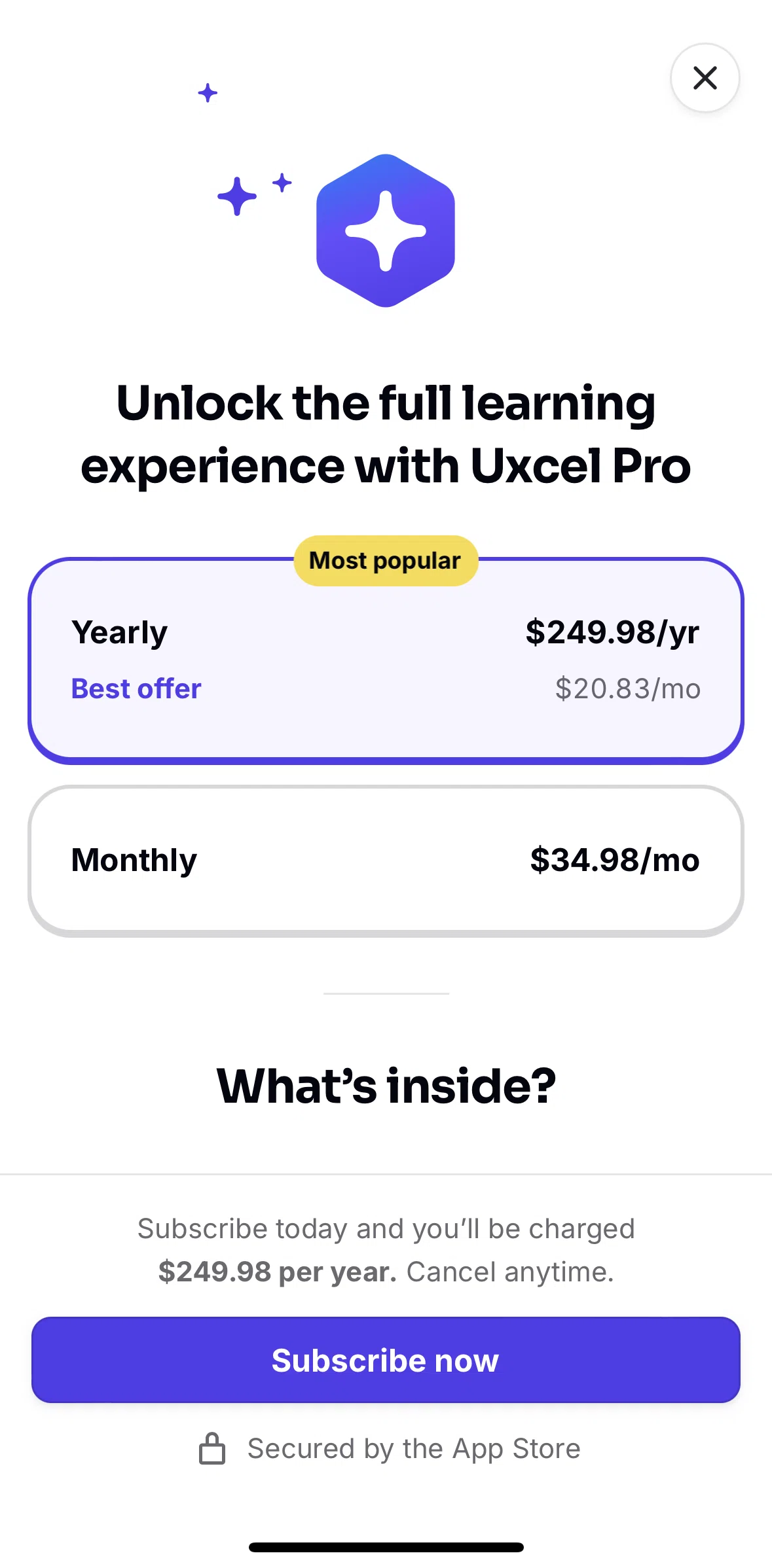 Uxcel Go Screen screen in the Subscribing to Uxcel flow