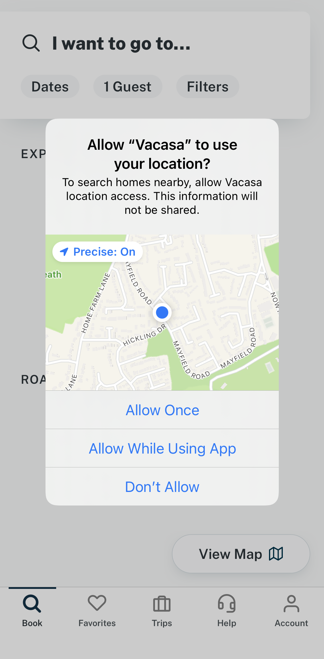 Vacasa Enable location services screen in the General Browsing flow