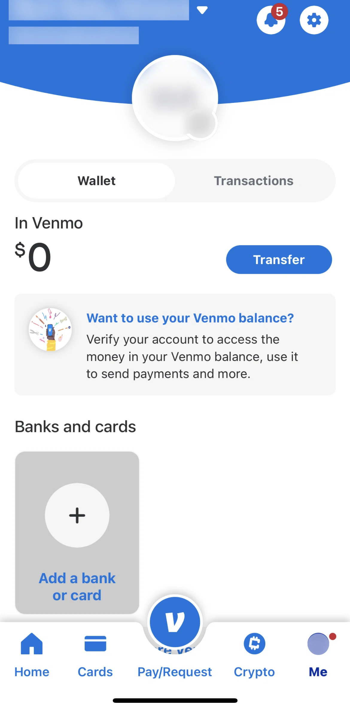 Venmo Screen screen in the Adding a bank account flow