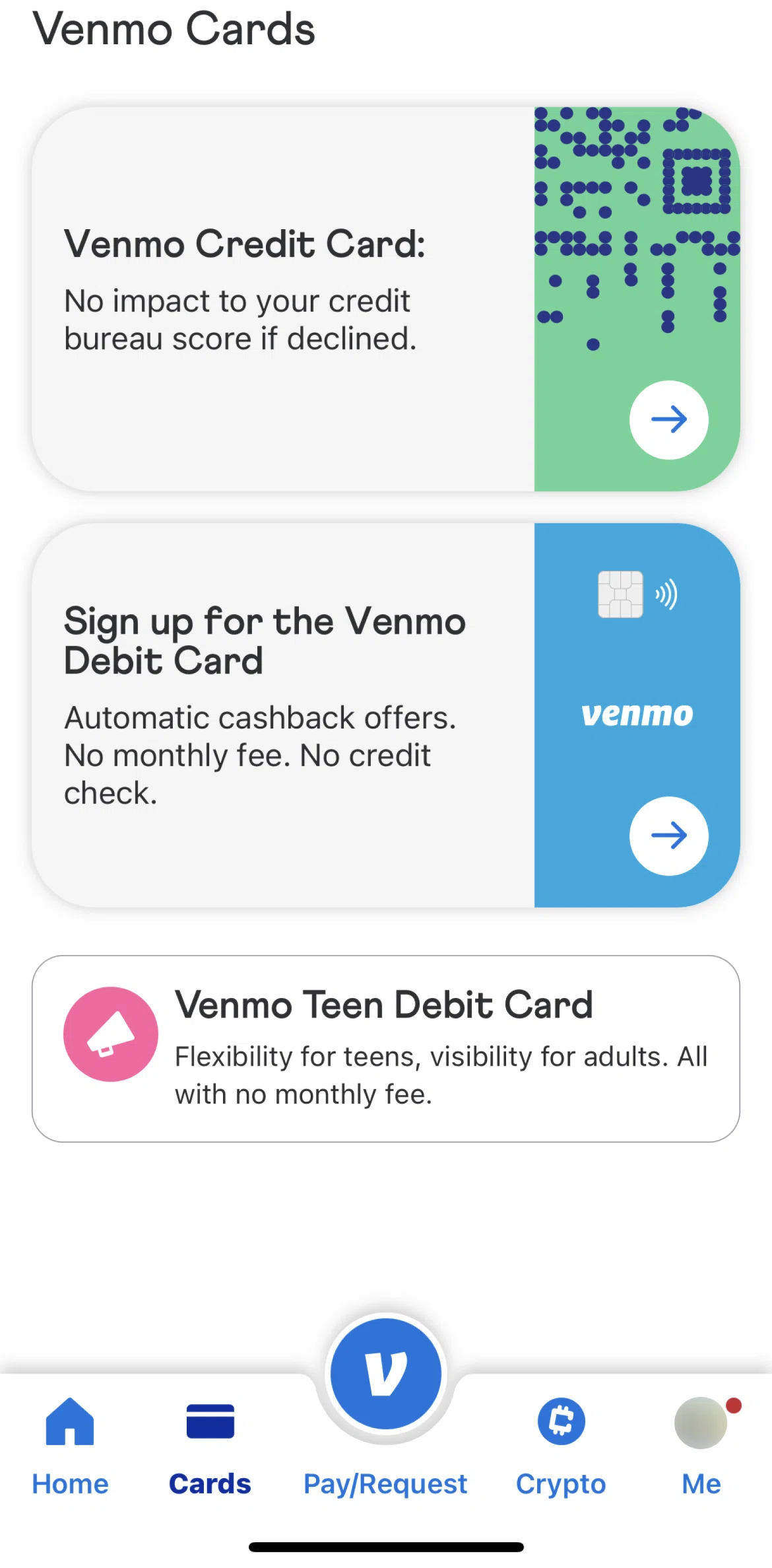 Venmo Screen screen in the Cards flow