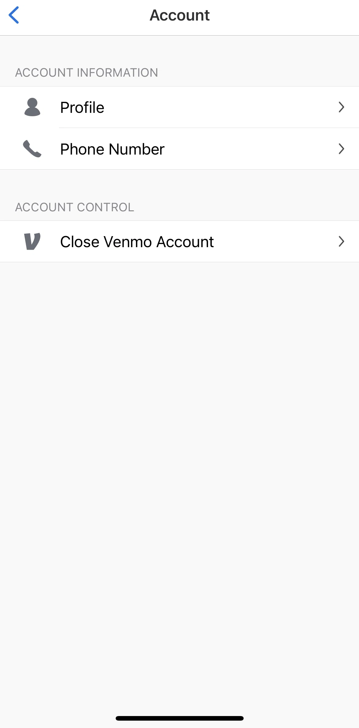 Venmo Screen screen in the Close Venmo account flow