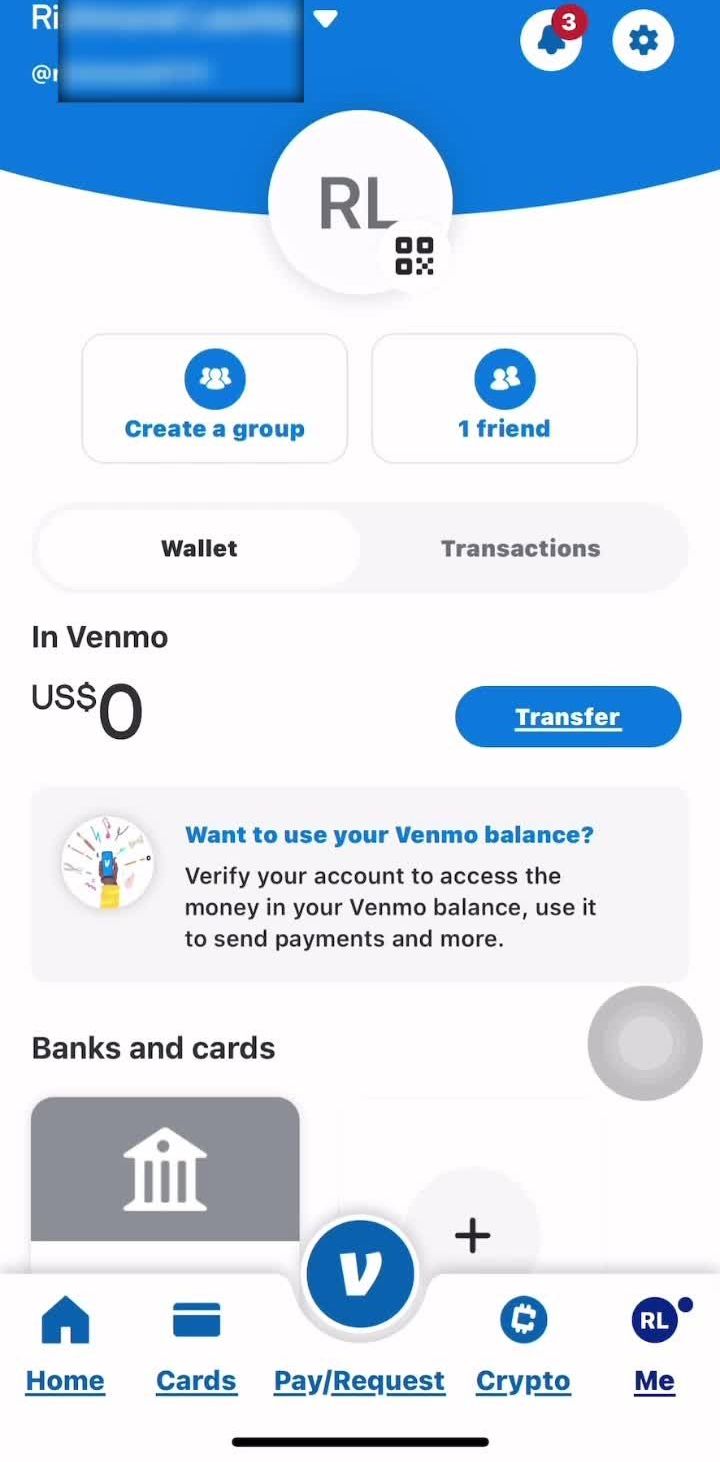 Venmo Profile screen in the Creating A Group flow