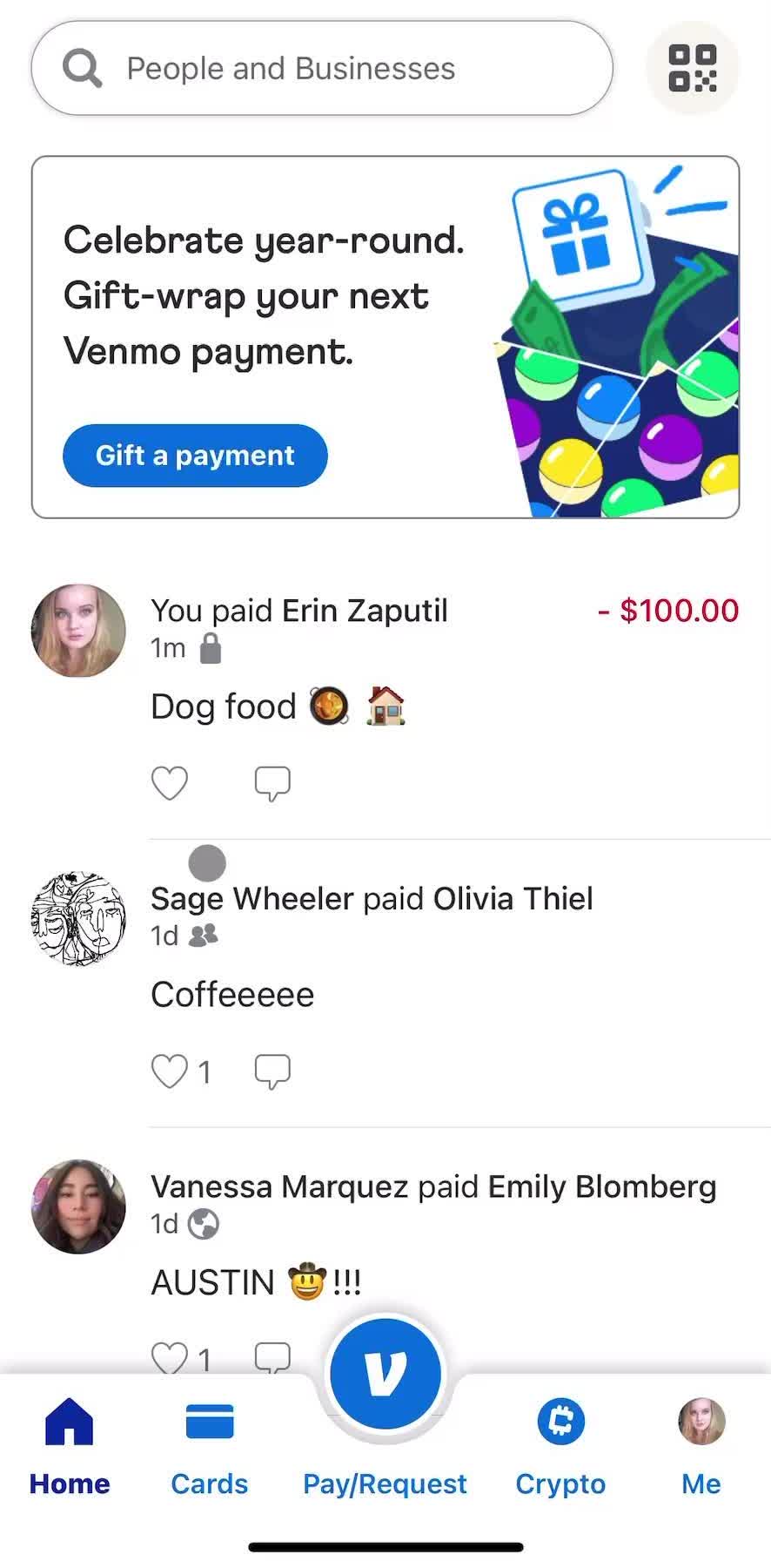 Venmo Home screen in the General Browsing flow