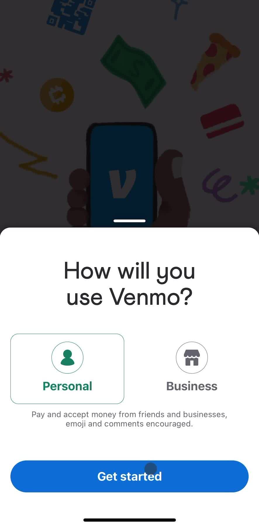 Venmo Select account type screen in the Onboarding flow