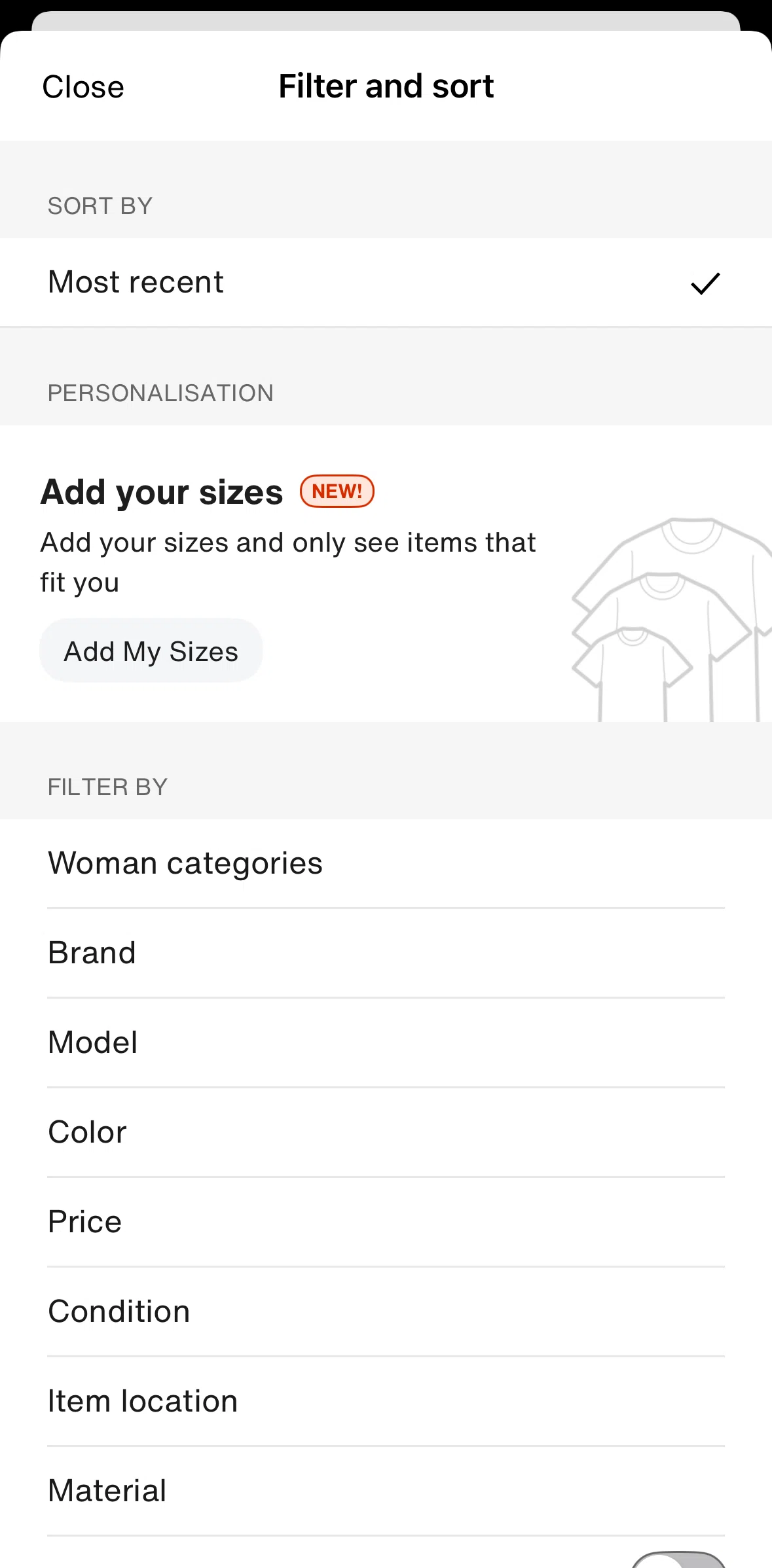 Vestiaire Collective Screen screen in the Adding sizes flow