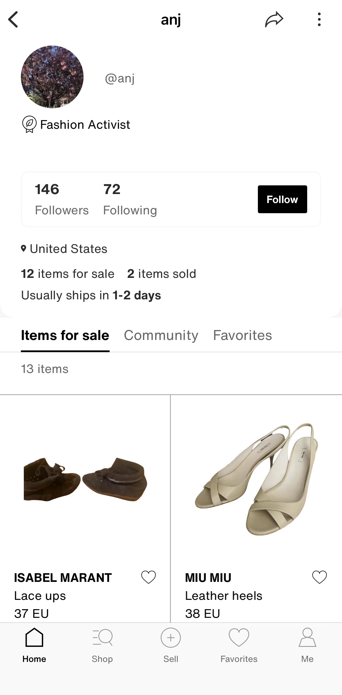 Vestiaire Collective Screen screen in the Following a seller flow