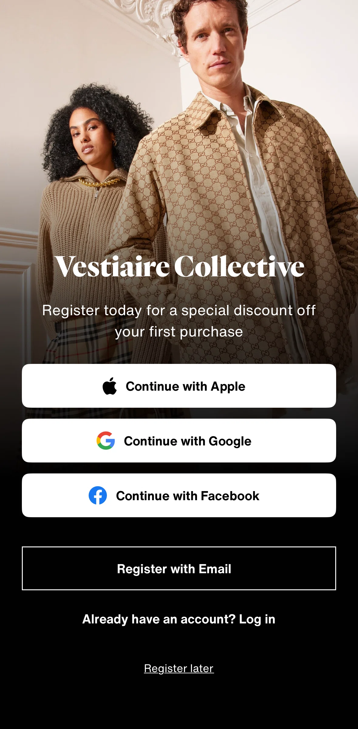 Vestiaire Collective Screen screen in the Logging in flow