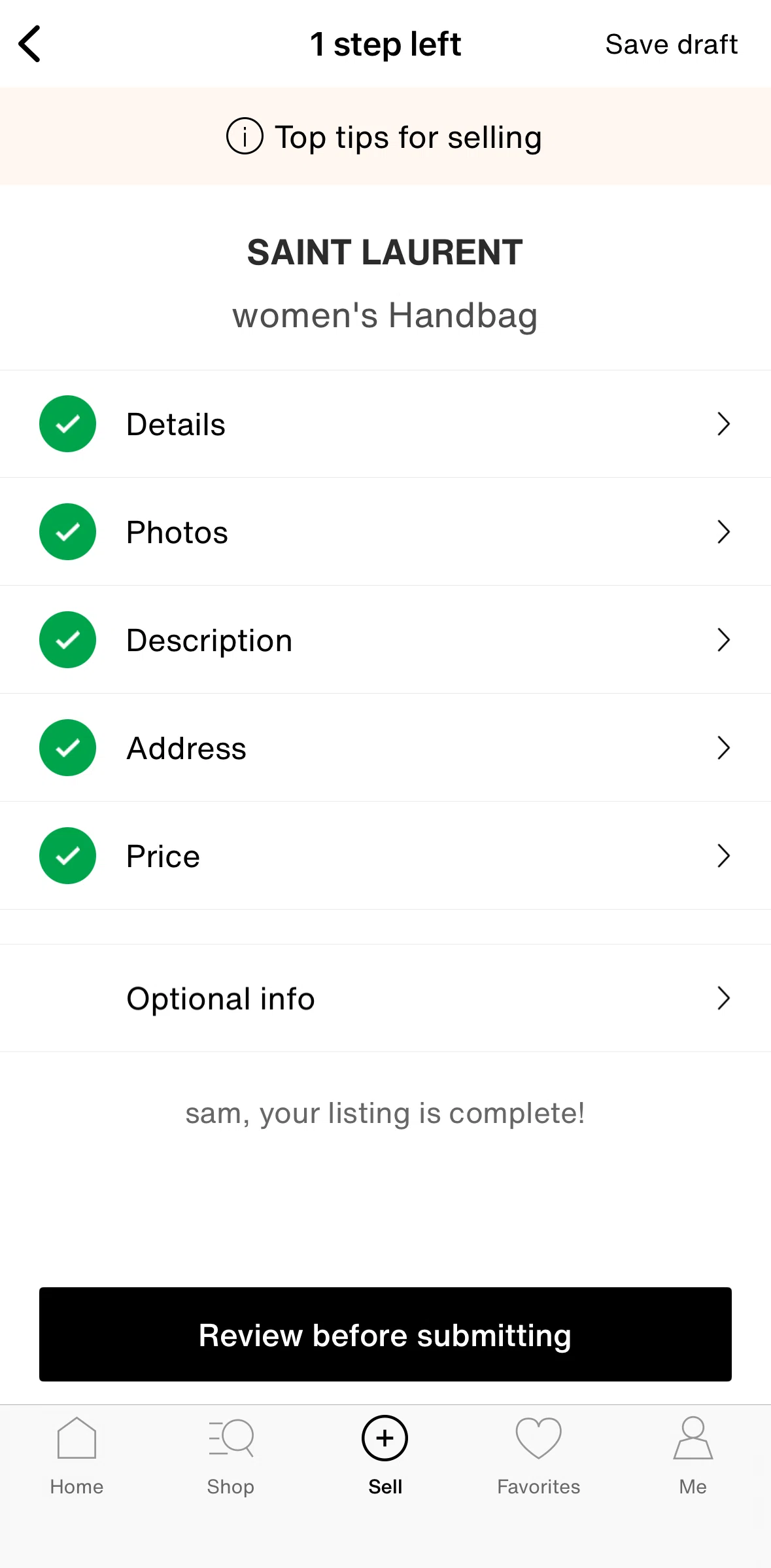 Vestiaire Collective Screen screen in the Saving a listing as a draft flow