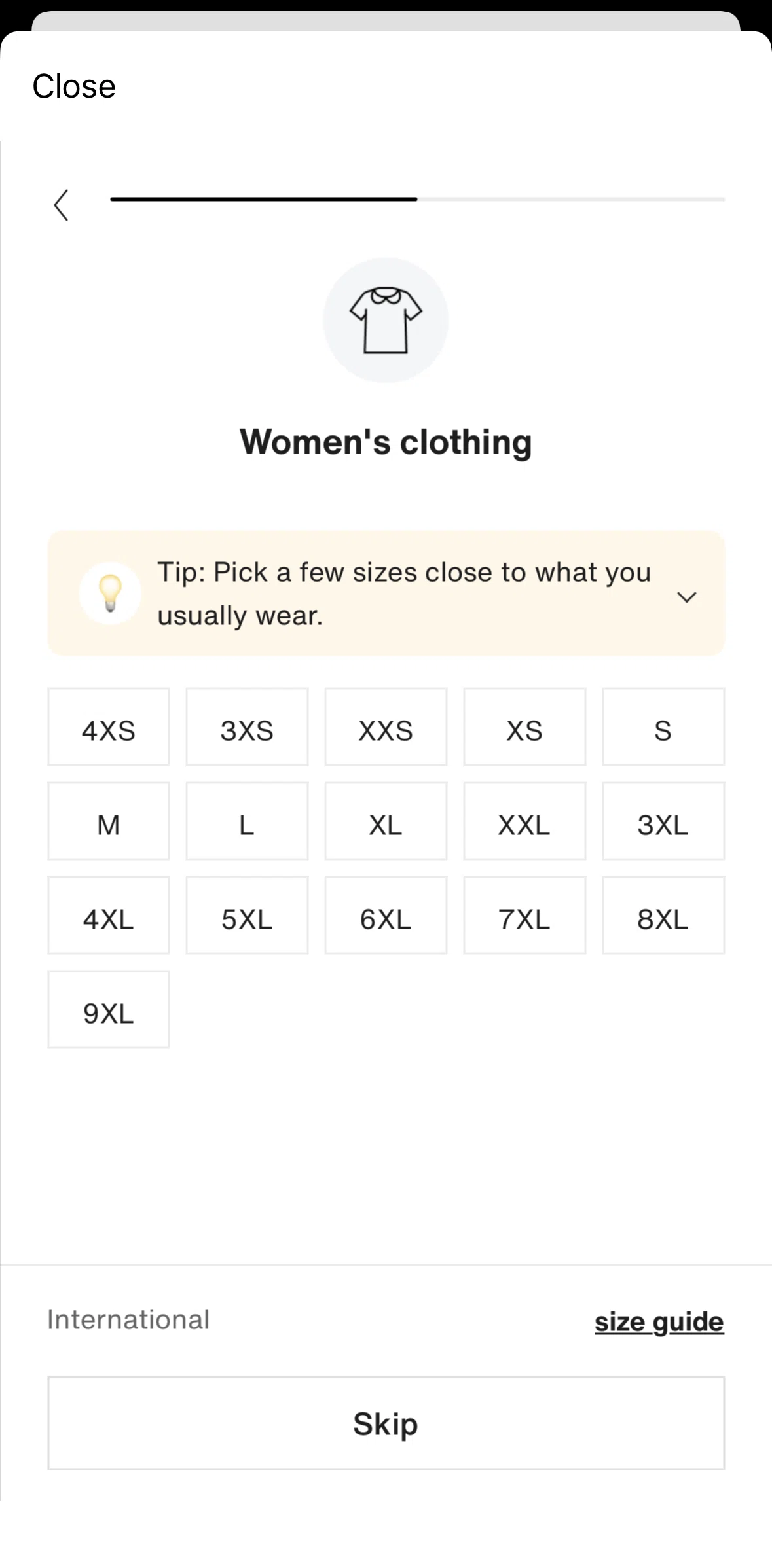 Vestiaire Collective Screen screen in the Size guide flow