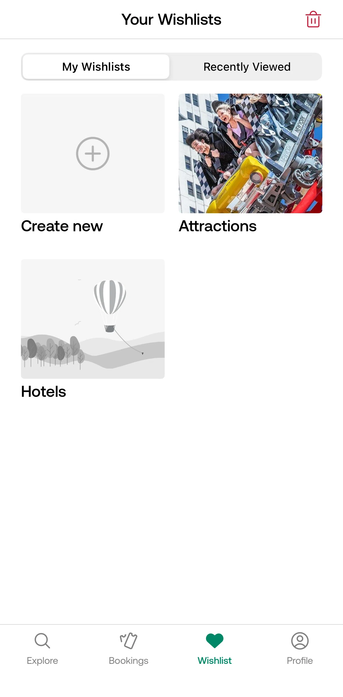 Viator Screen screen in the Deleting a wishlist flow