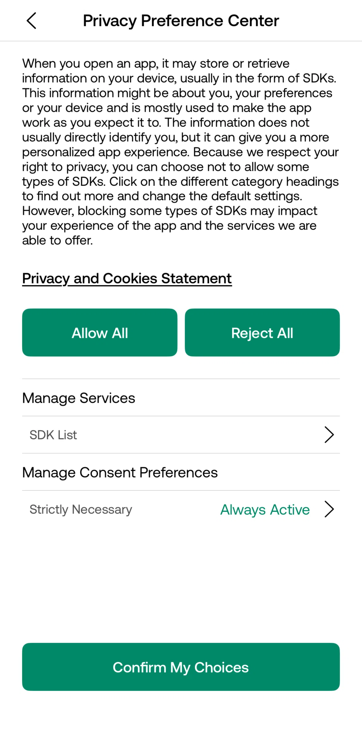 Viator Screen screen in the Manage consent preferences flow