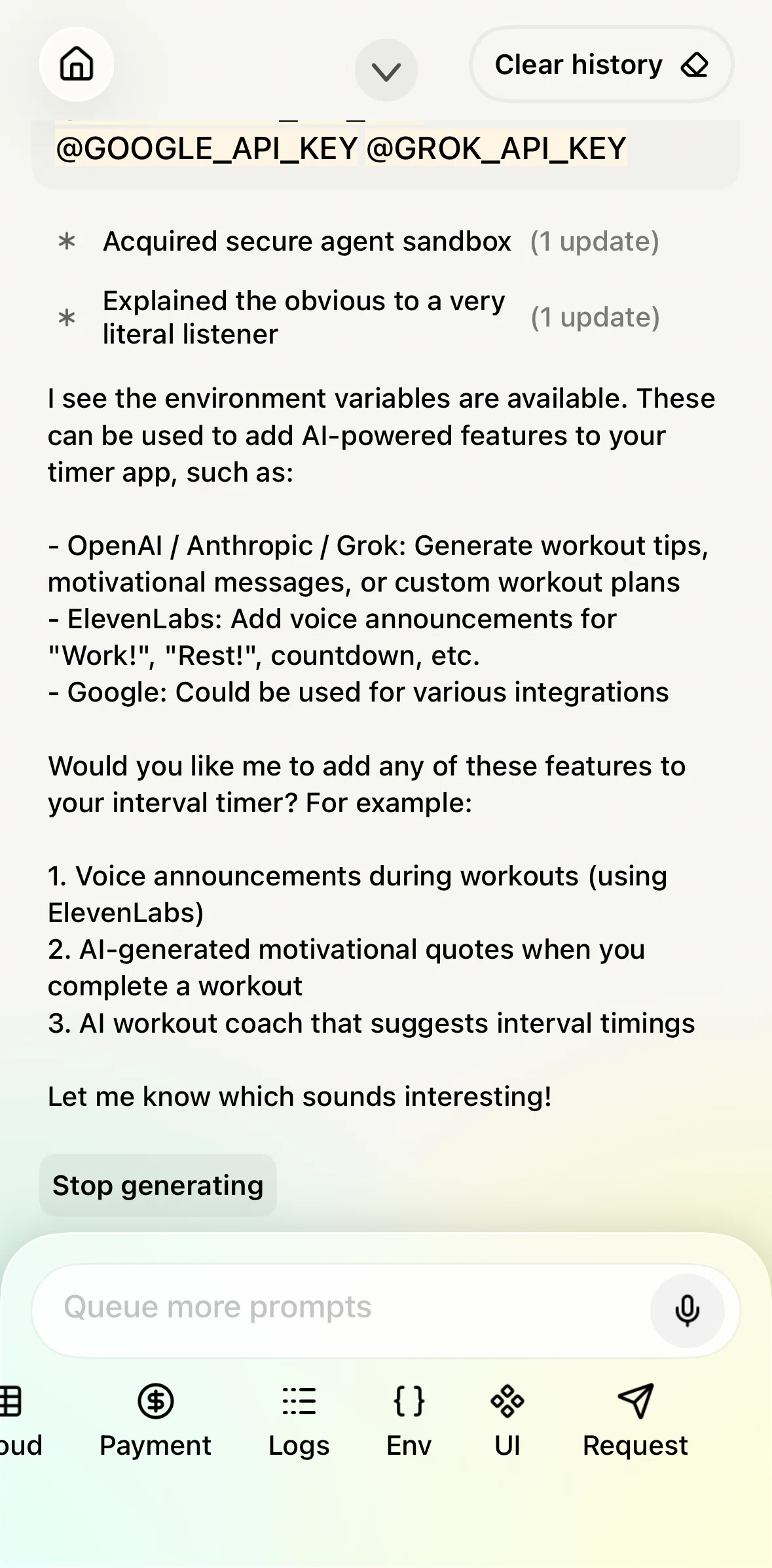 Vibecode Screen screen in the Clearing chat history flow