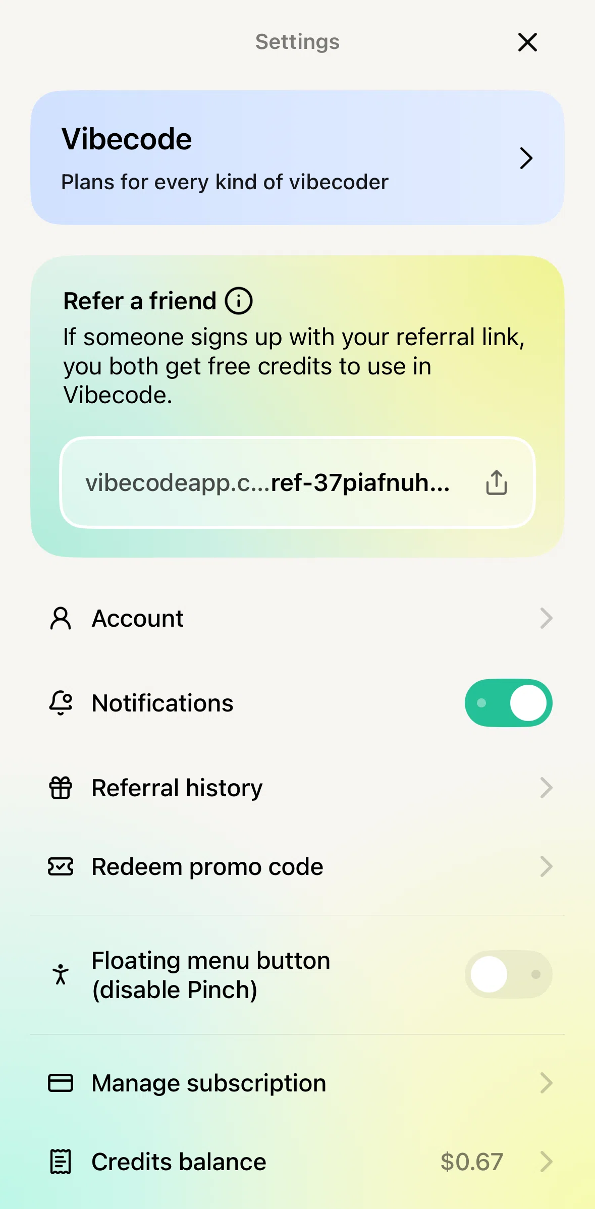 Vibecode Screen screen in the Referral history flow