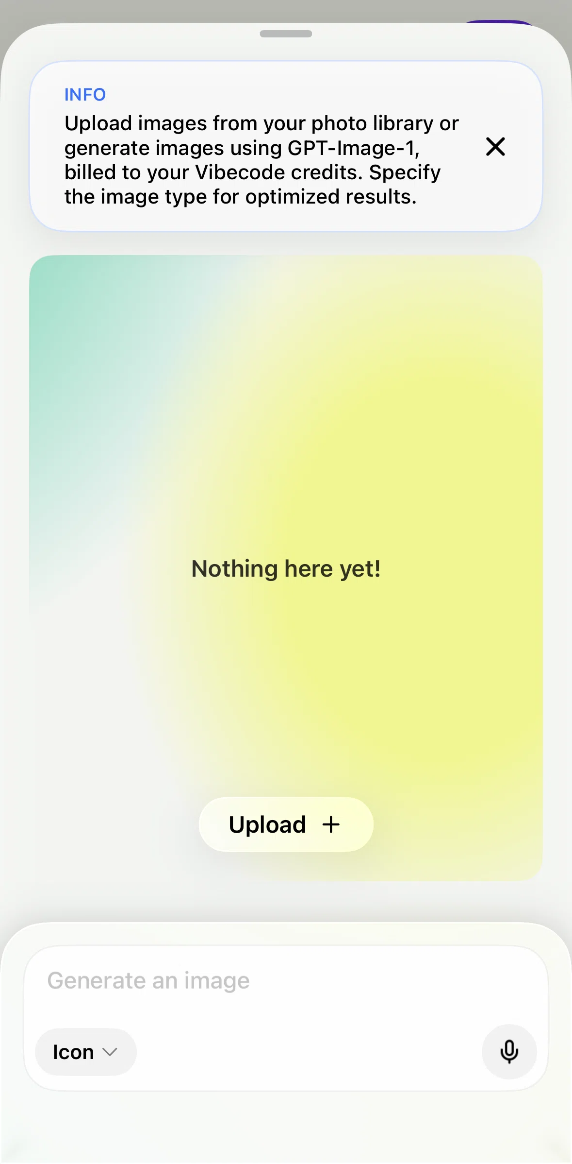 Vibecode Screen screen in the Uploading an image flow