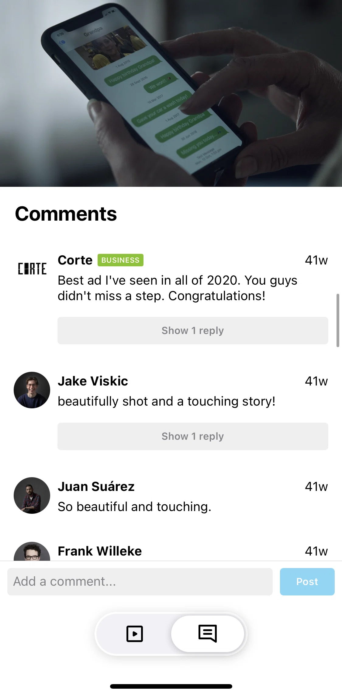 Vimeo Screen screen in the Adding a comment flow