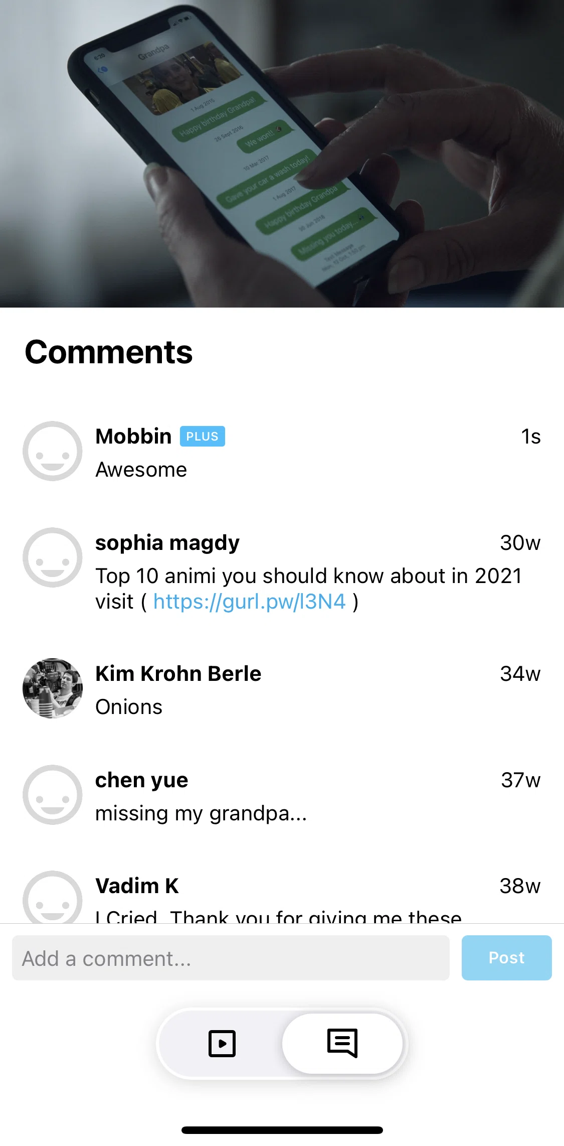 Vimeo Screen screen in the Adding a reply flow