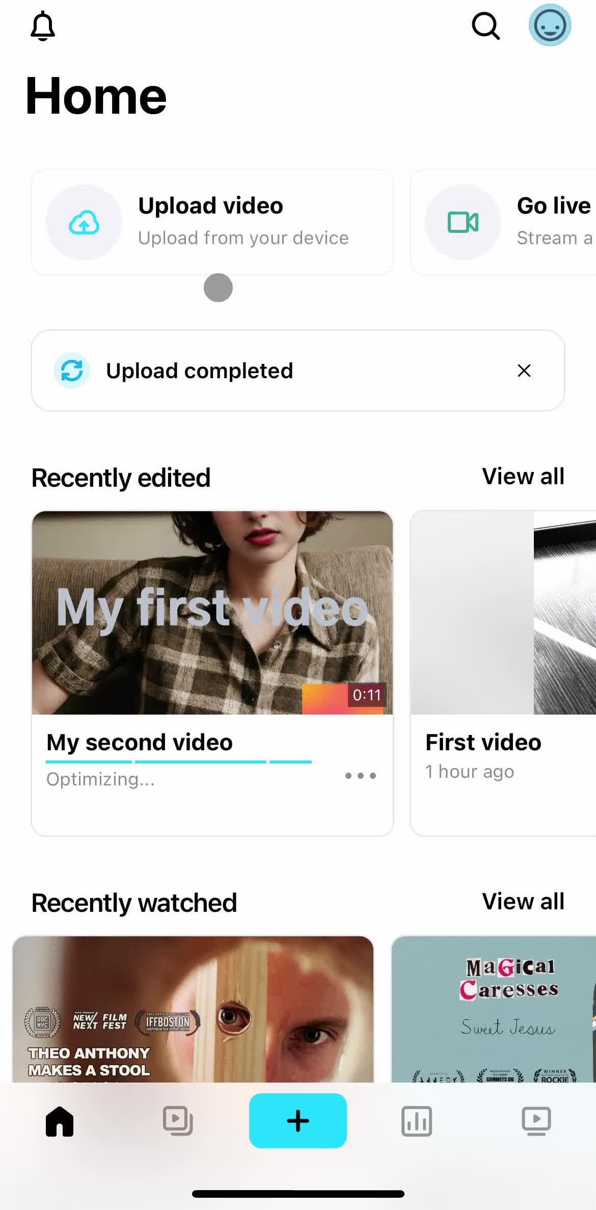 Vimeo Home screen in the Uploading Media flow