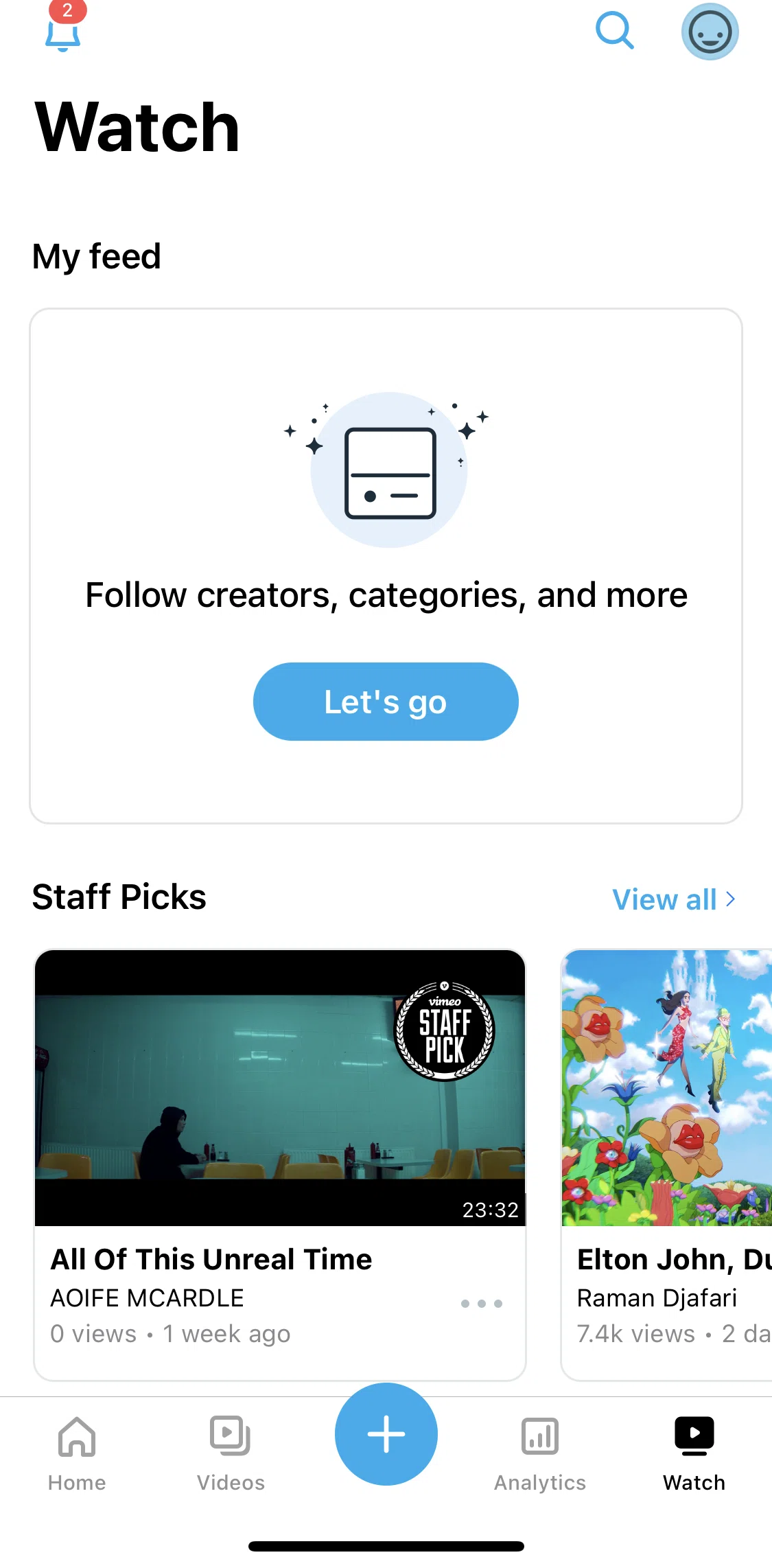 Vimeo Screen screen in the Watch flow