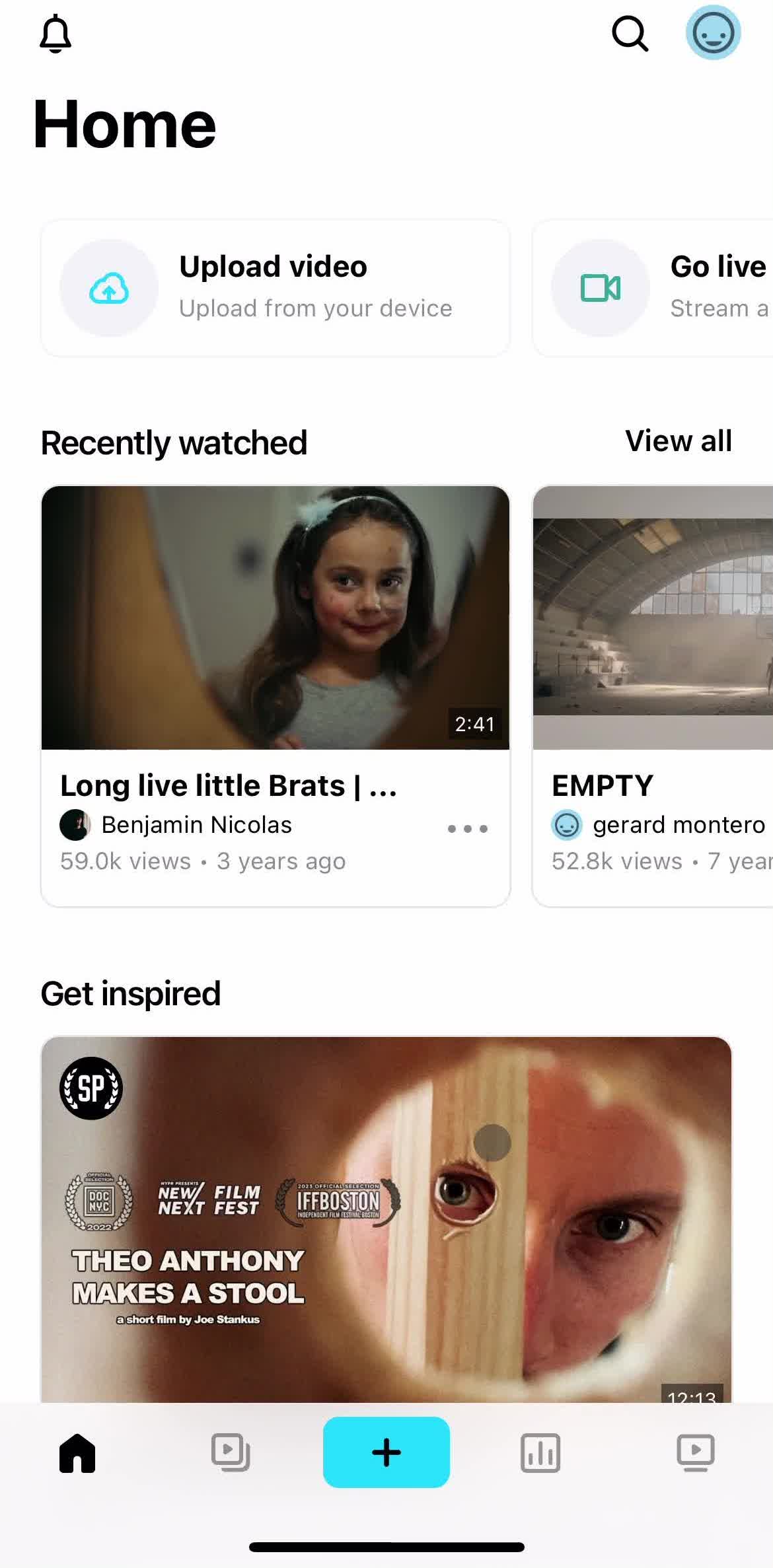 Vimeo Home screen in the Watching Videos flow