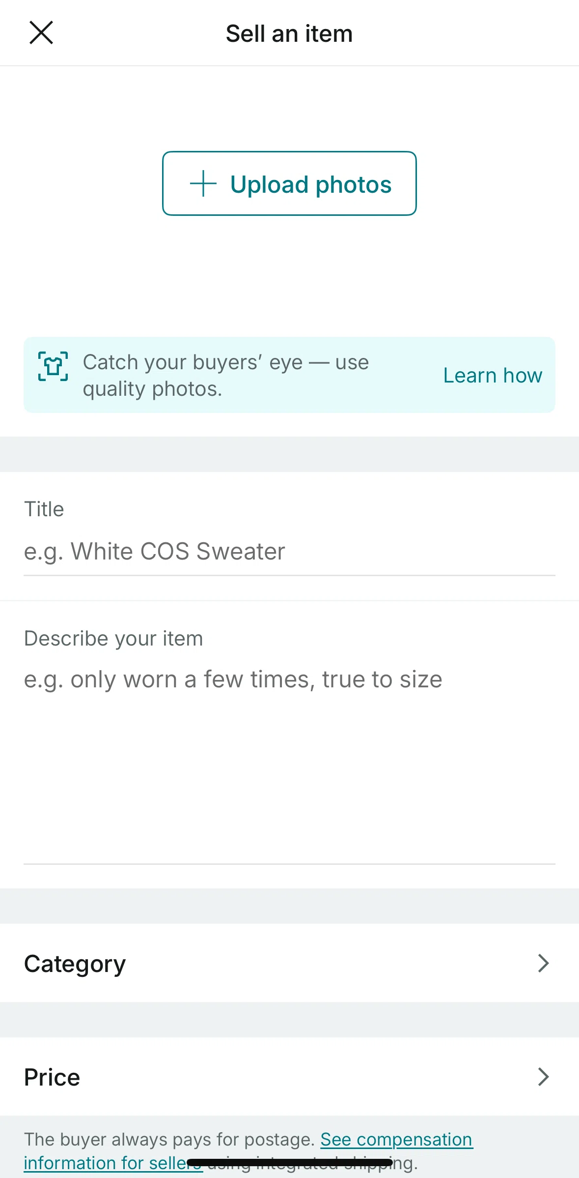Vinted Screen screen in the Adding listing details flow